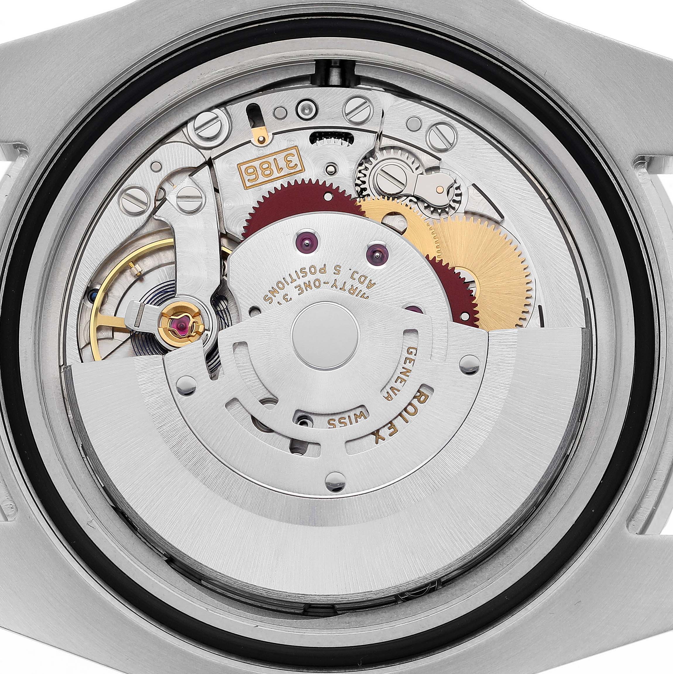 The image shows the internal mechanism of a Rolex GMT-Master 116710 Men's Stainless Steel Black Dial 116710 Men's Stainless Steel Black Dial watch from a back case removed perspective.