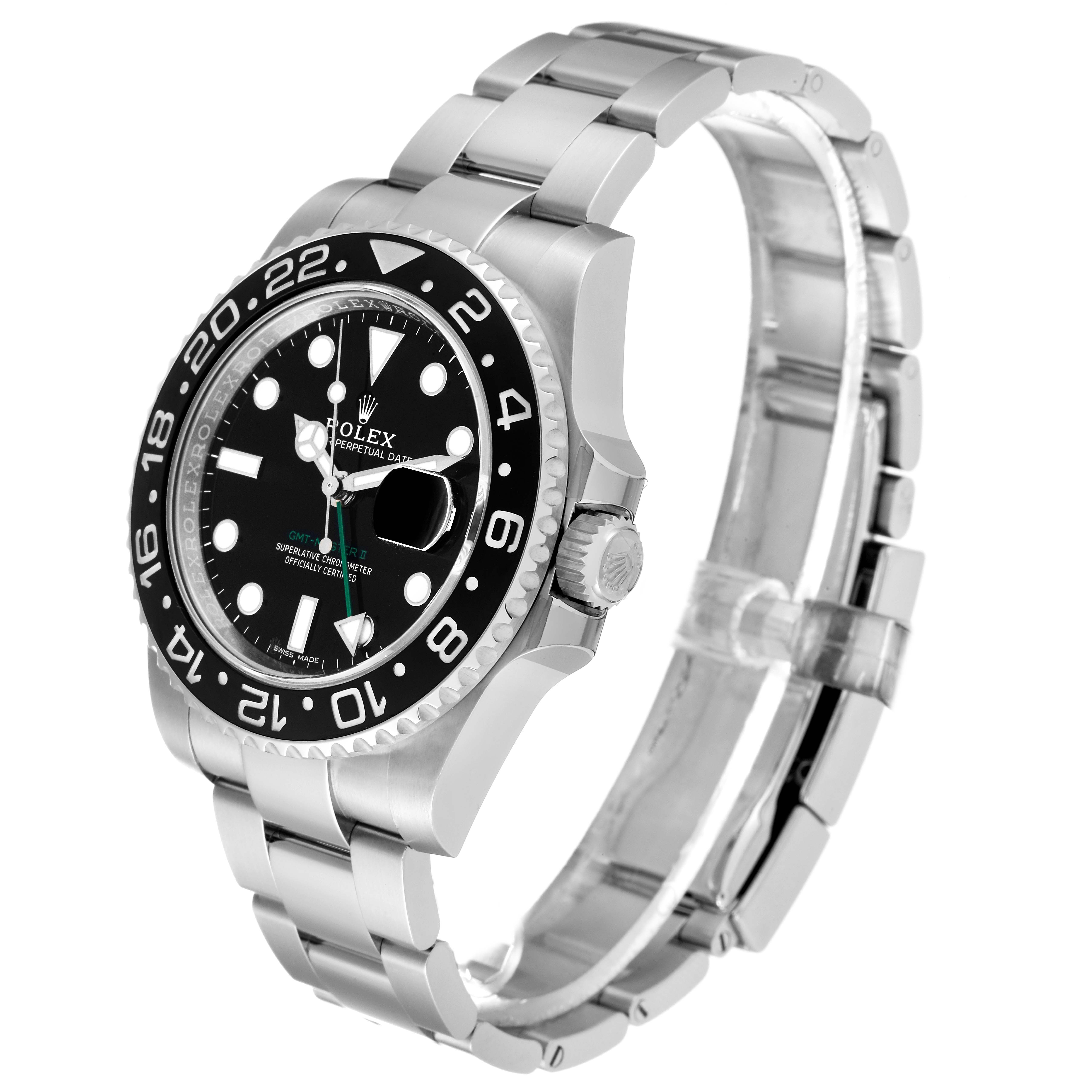 The image shows a Rolex GMT-Master 116710 Men's Stainless Steel Black Dial 116710 Men's Stainless Steel Black Dial watch at an angle that highlights the face, bezel, crown, and partially opened bracelet.