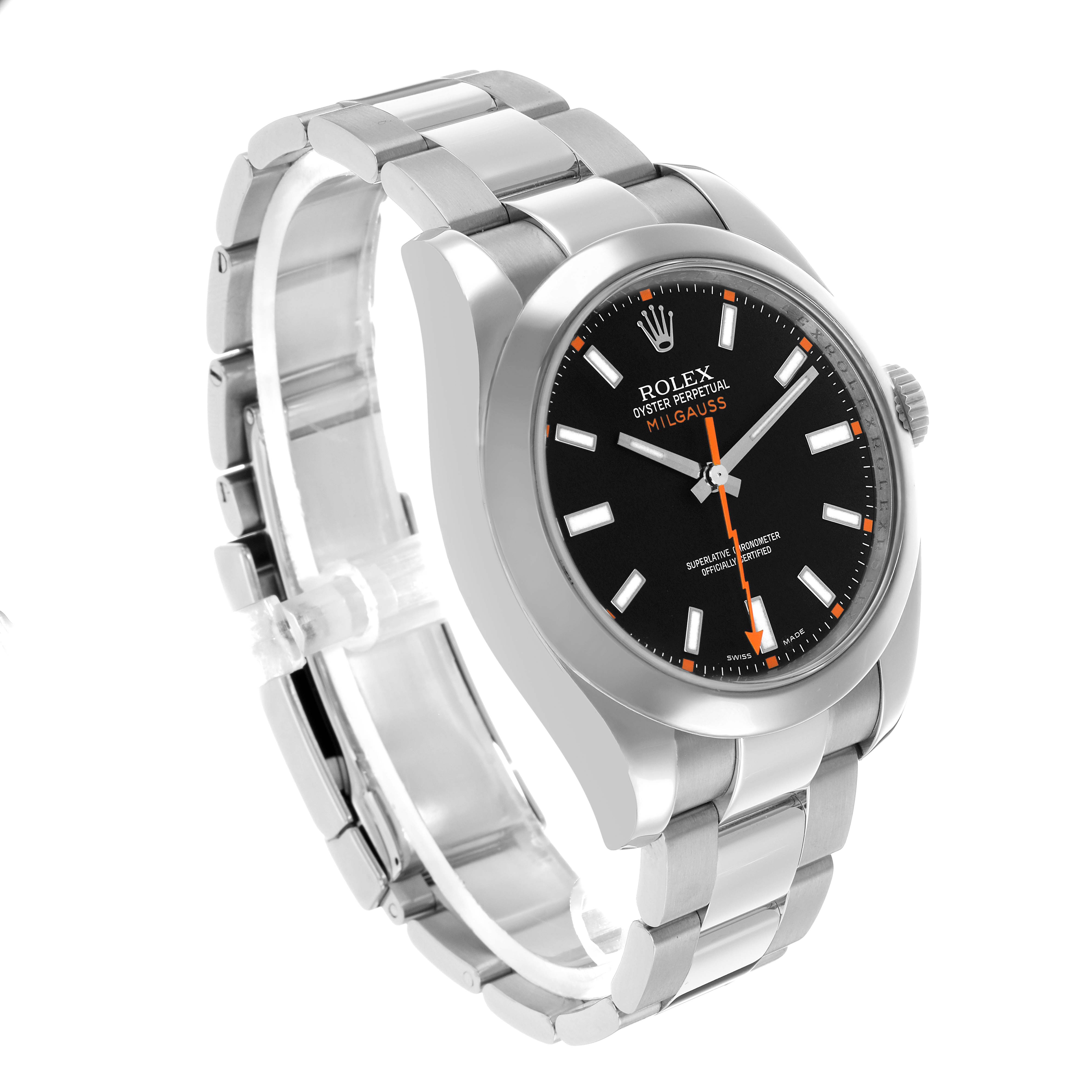 The Rolex Milgauss 116400 Men's Stainless Steel Black Dial watch is shown at a three-quarter angle displaying the bracelet, case, and dial with the signature lightning bolt second hand.