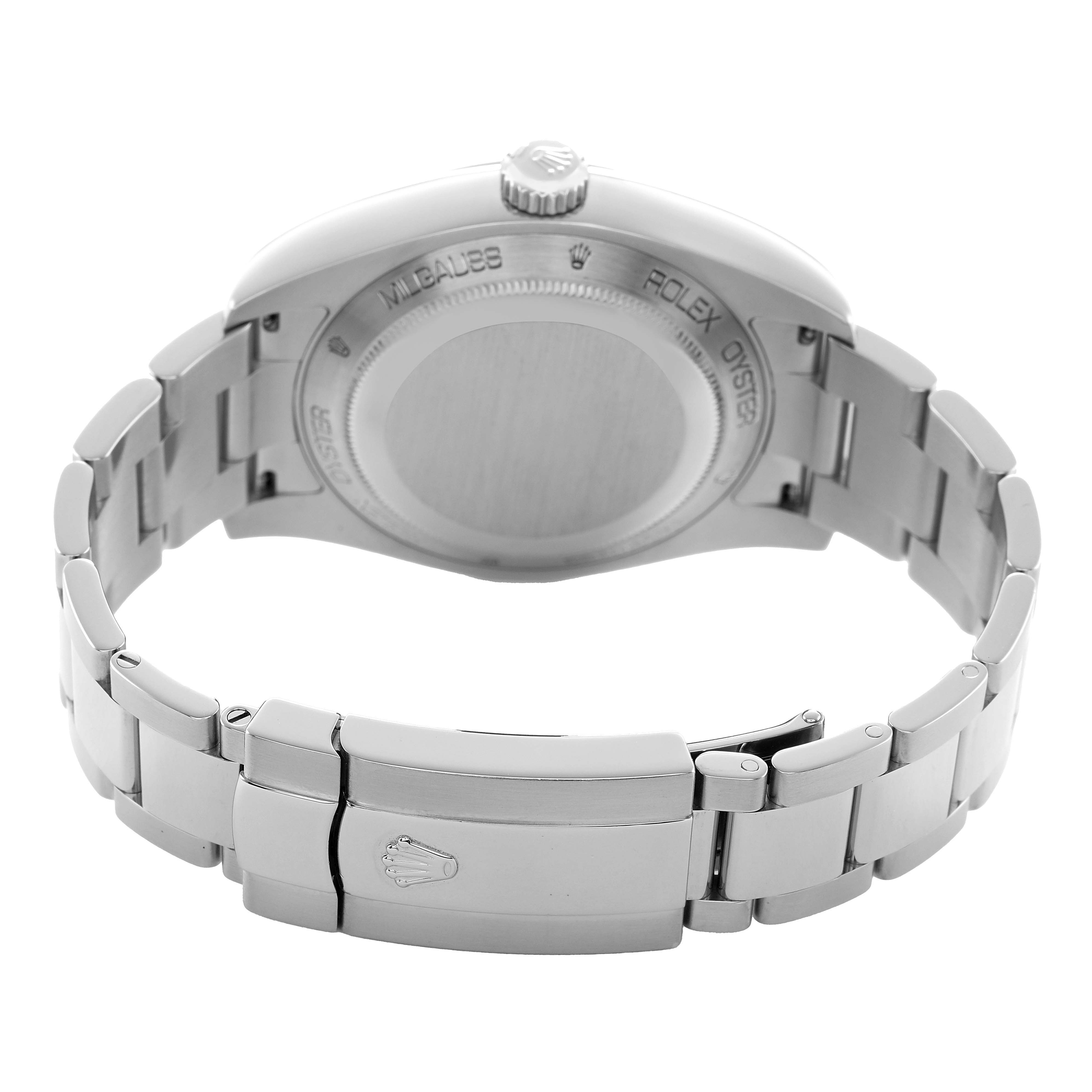 The image shows the back of a Rolex Milgauss 116400 Men's Stainless Steel Black Dial watch, focusing on the case, clasp, and bracelet.