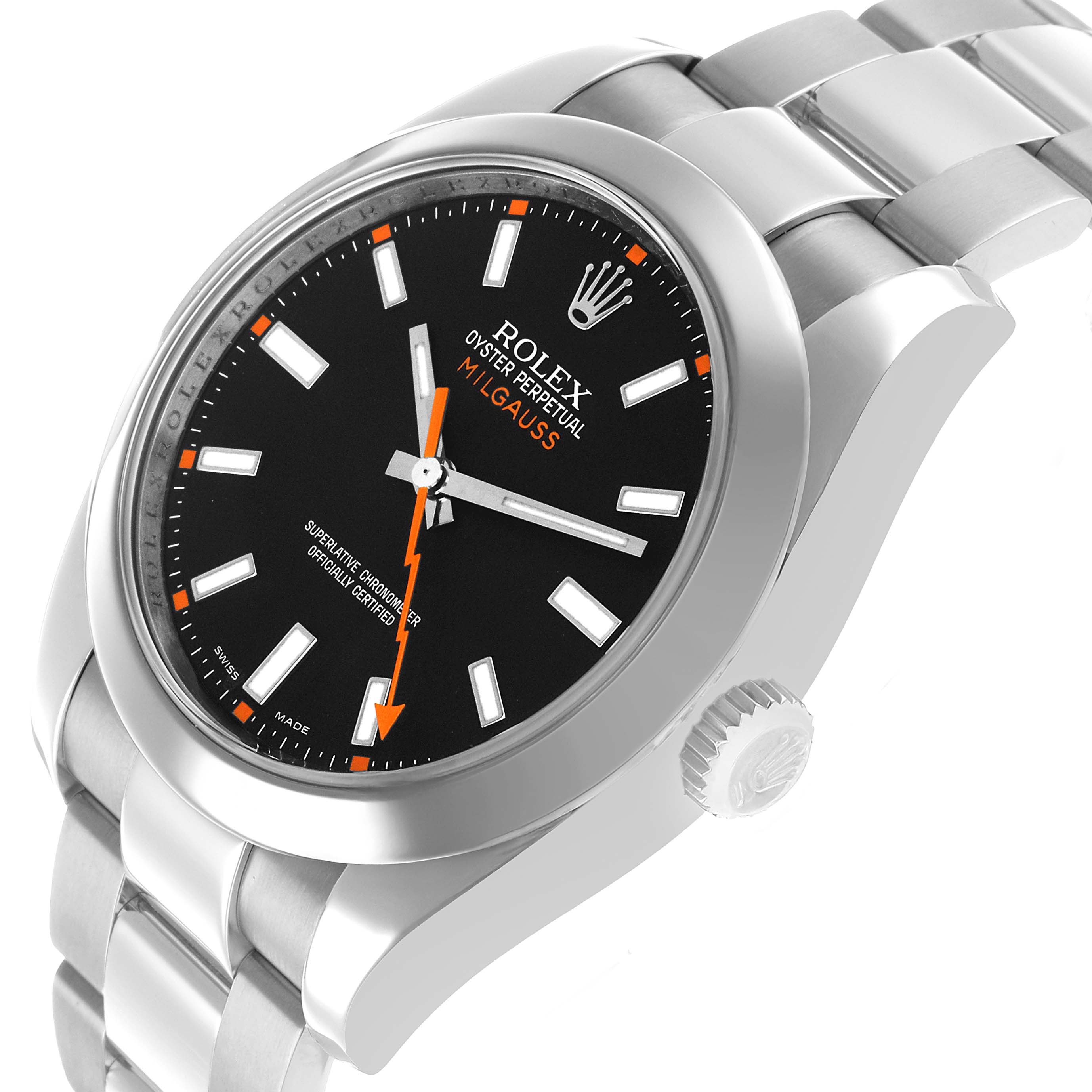 The Rolex Milgauss 116400 Men's Stainless Steel Black Dial watch is shown at an angled view displaying the dial, crown, bezel, and part of the bracelet.