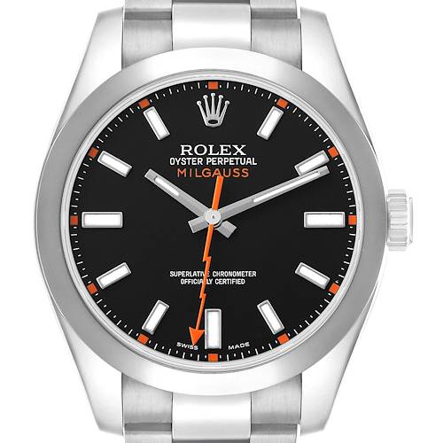 The Rolex Milgauss 116400 Men's Stainless Steel Black Dial watch is shown from a front angle, displaying the full dial, hands, crown, bezel, and part of the bracelet.