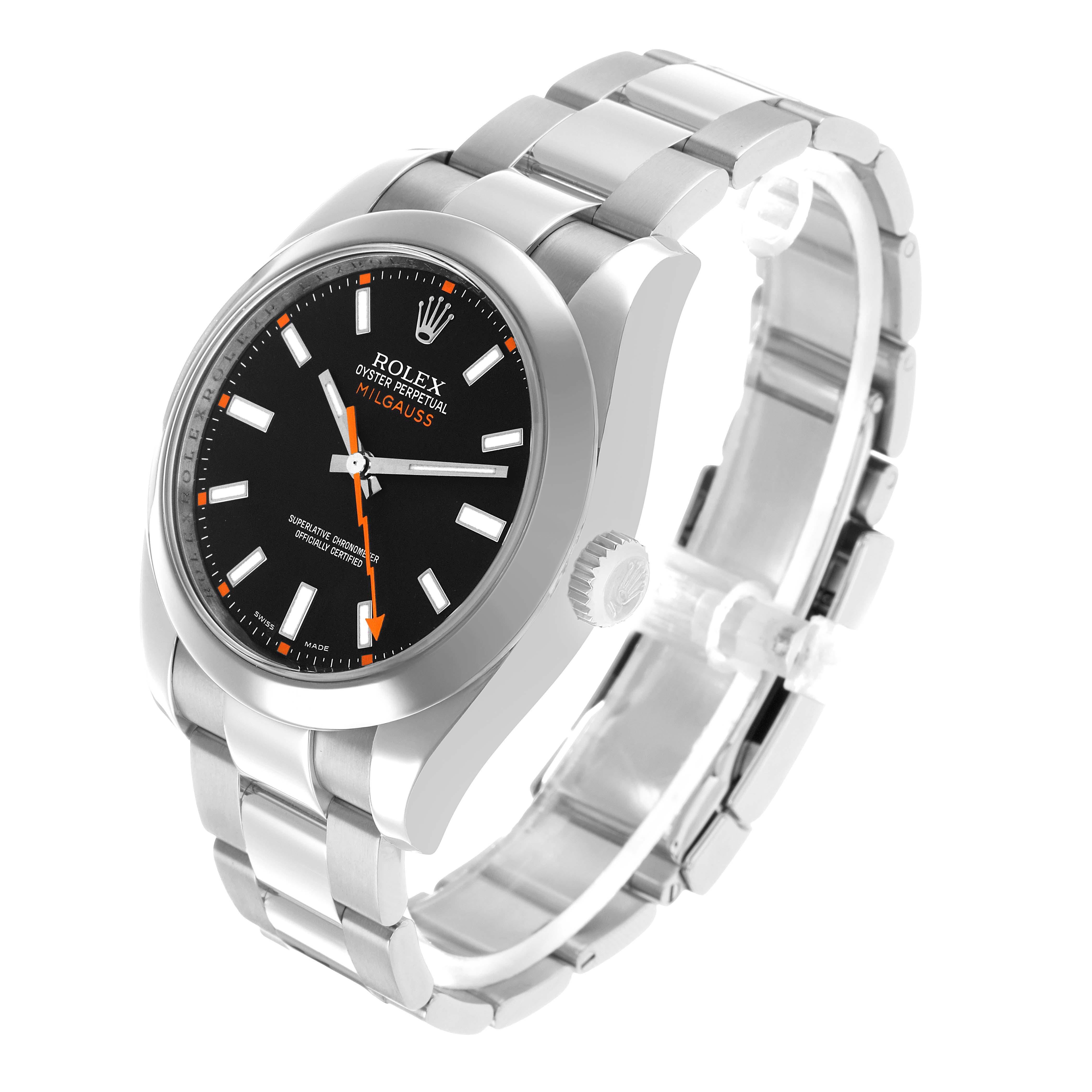 The Rolex Milgauss 116400 Men's Stainless Steel Black Dial watch is shown at an angled view, highlighting the face, bezel, and bracelet.