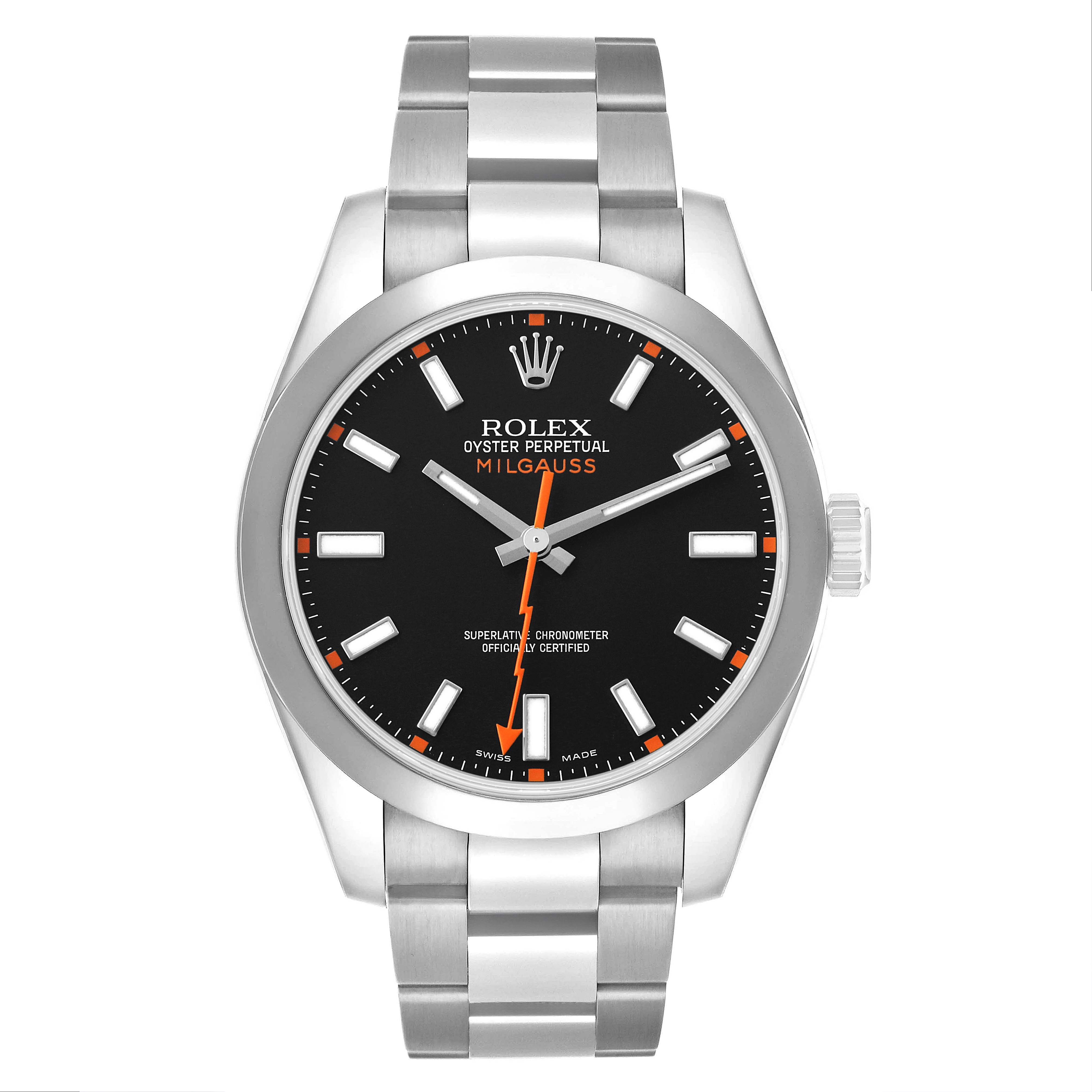 The Rolex Milgauss 116400 Men's Stainless Steel Black Dial watch is shown from a front angle, displaying the face, bezel, and bracelet.