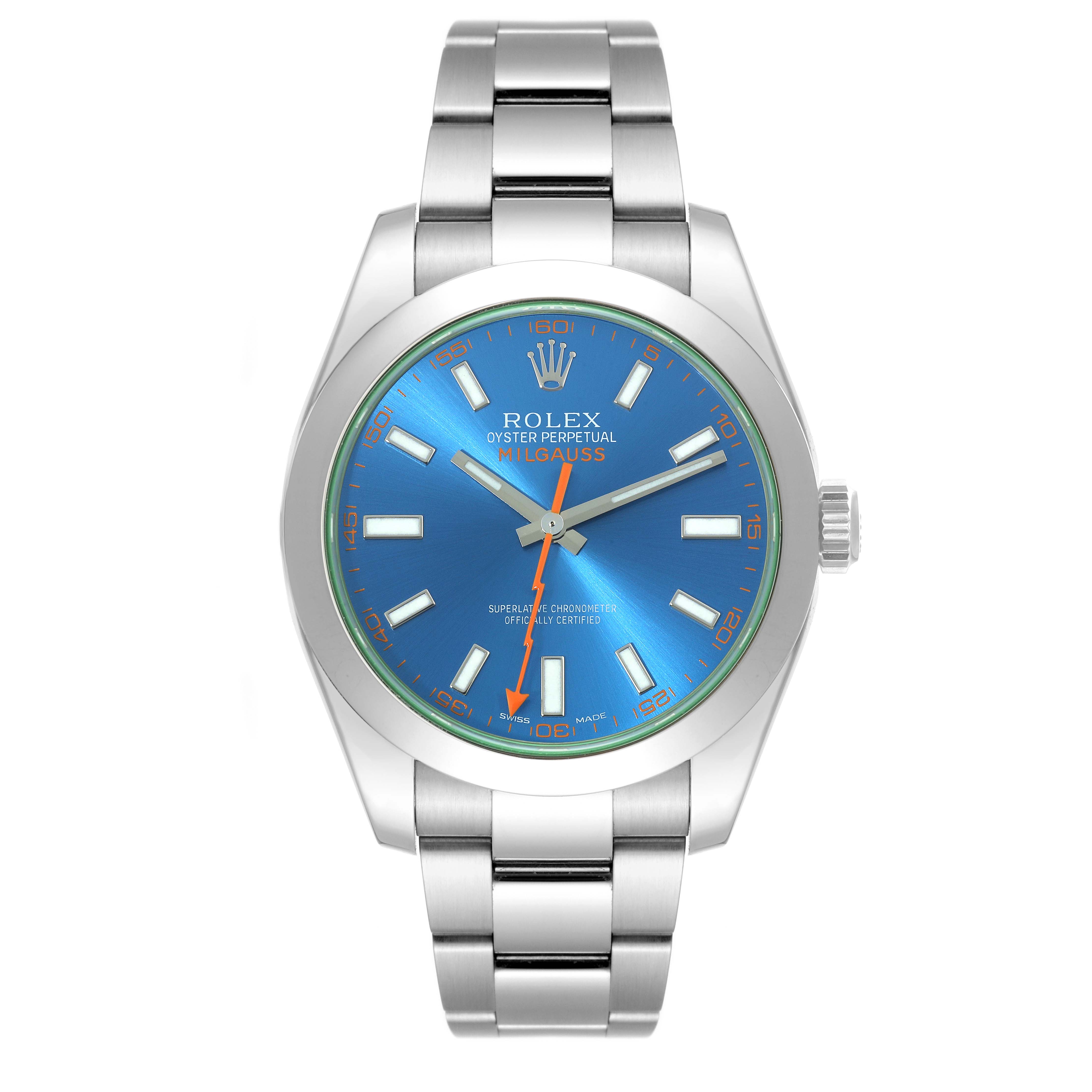 The image shows a front view of the Rolex Milgauss 116400GV Men's Stainless Steel Blue Dial 116400GV Men's Stainless Steel Blue Dial watch including its bracelet, case, dial, and hands.