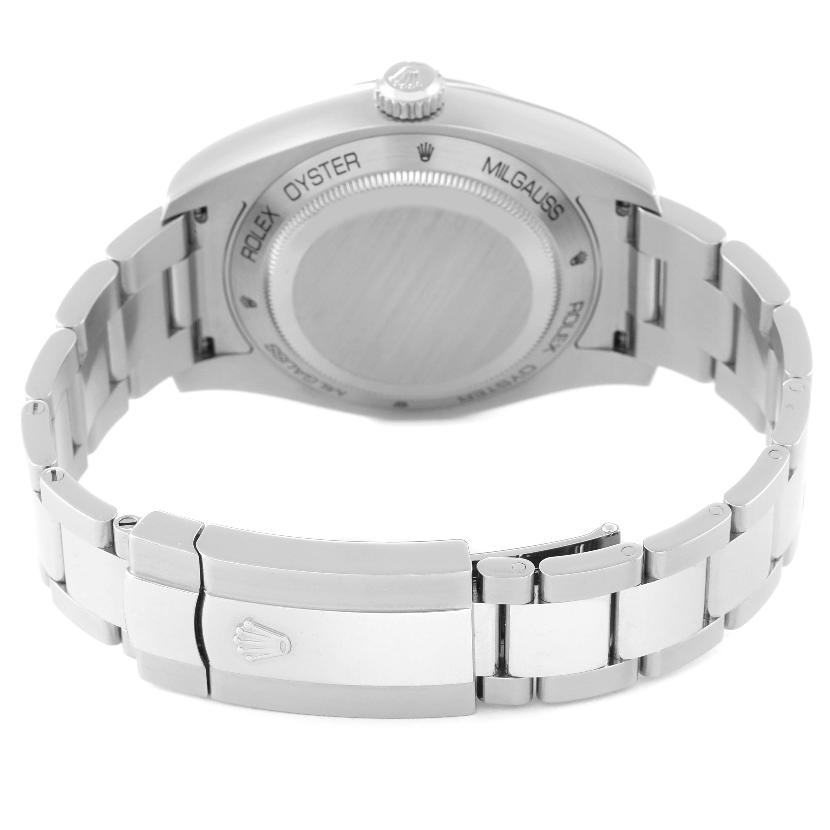 This image shows the back and bracelet of the Rolex Milgauss 116400GV Men's Stainless Steel Blue Dial 116400GV Men's Stainless Steel Blue Dial watch at an angled rear view.