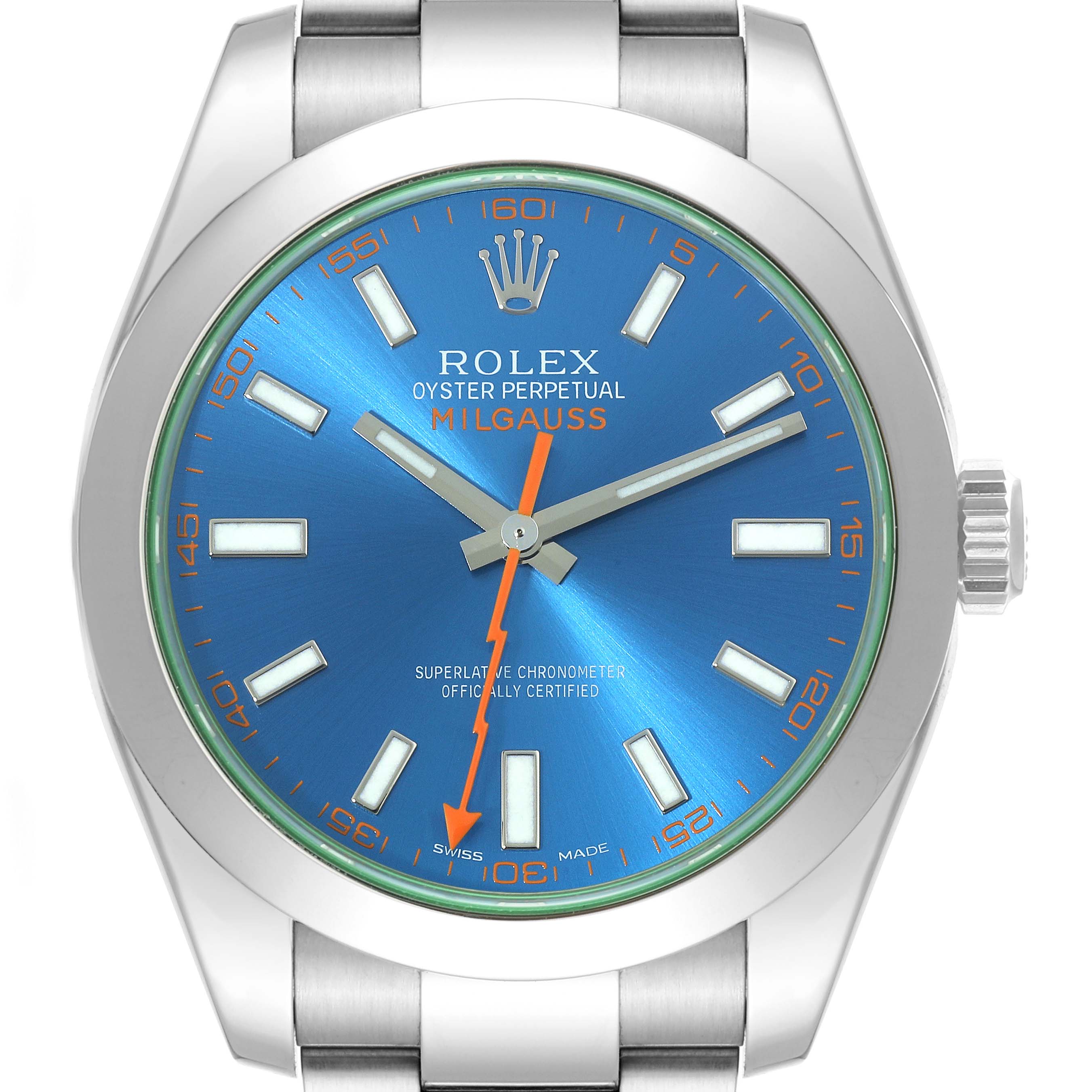 The image shows a front view of the Rolex Milgauss 116400GV Men's Stainless Steel Blue Dial 116400GV Men's Stainless Steel Blue Dial watch face, displaying the blue dial, orange seconds hand, and markers.