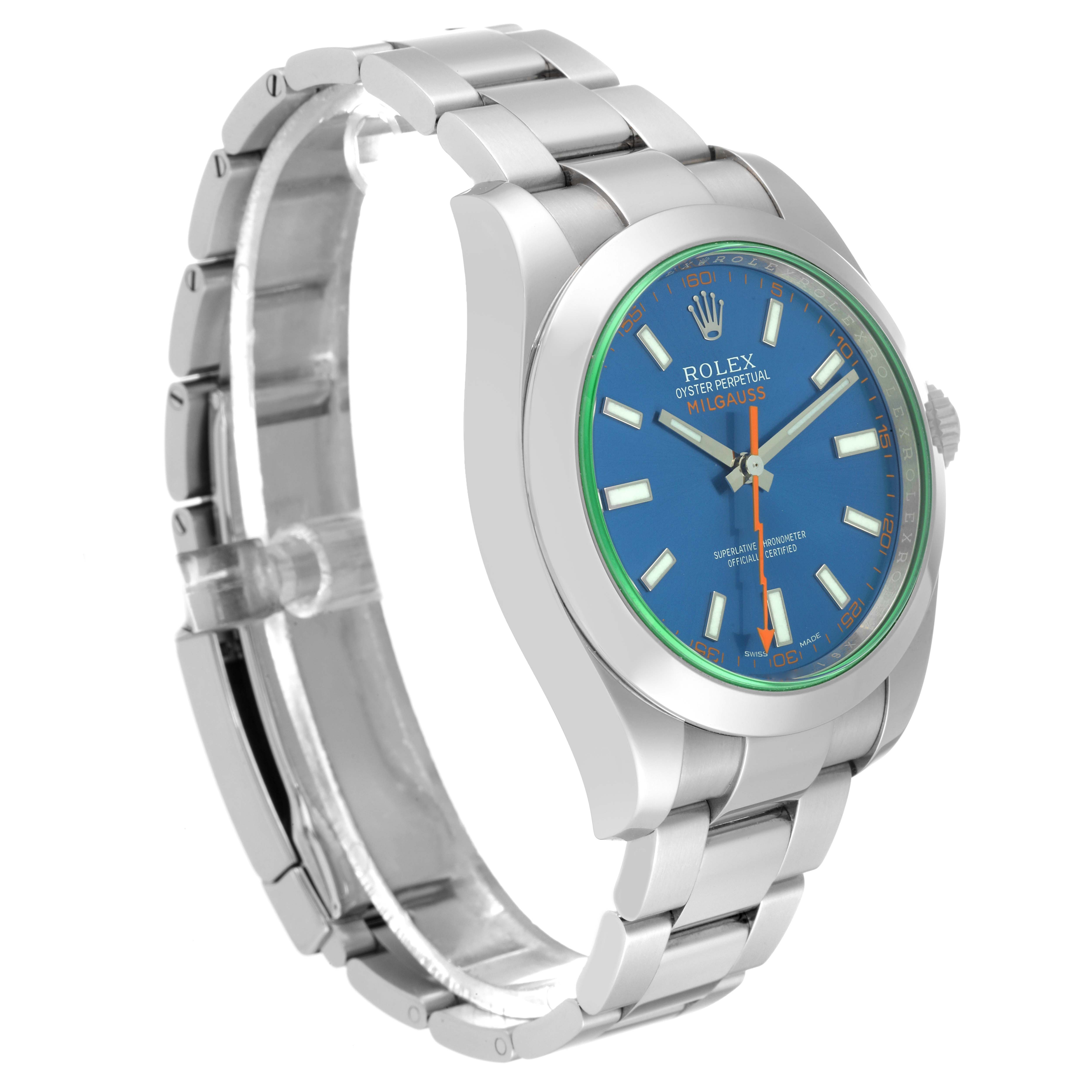 The image shows a side angle of a Rolex Milgauss 116400GV Men's Stainless Steel Blue Dial 116400GV Men's Stainless Steel Blue Dial watch, highlighting its stainless steel bracelet and blue dial.