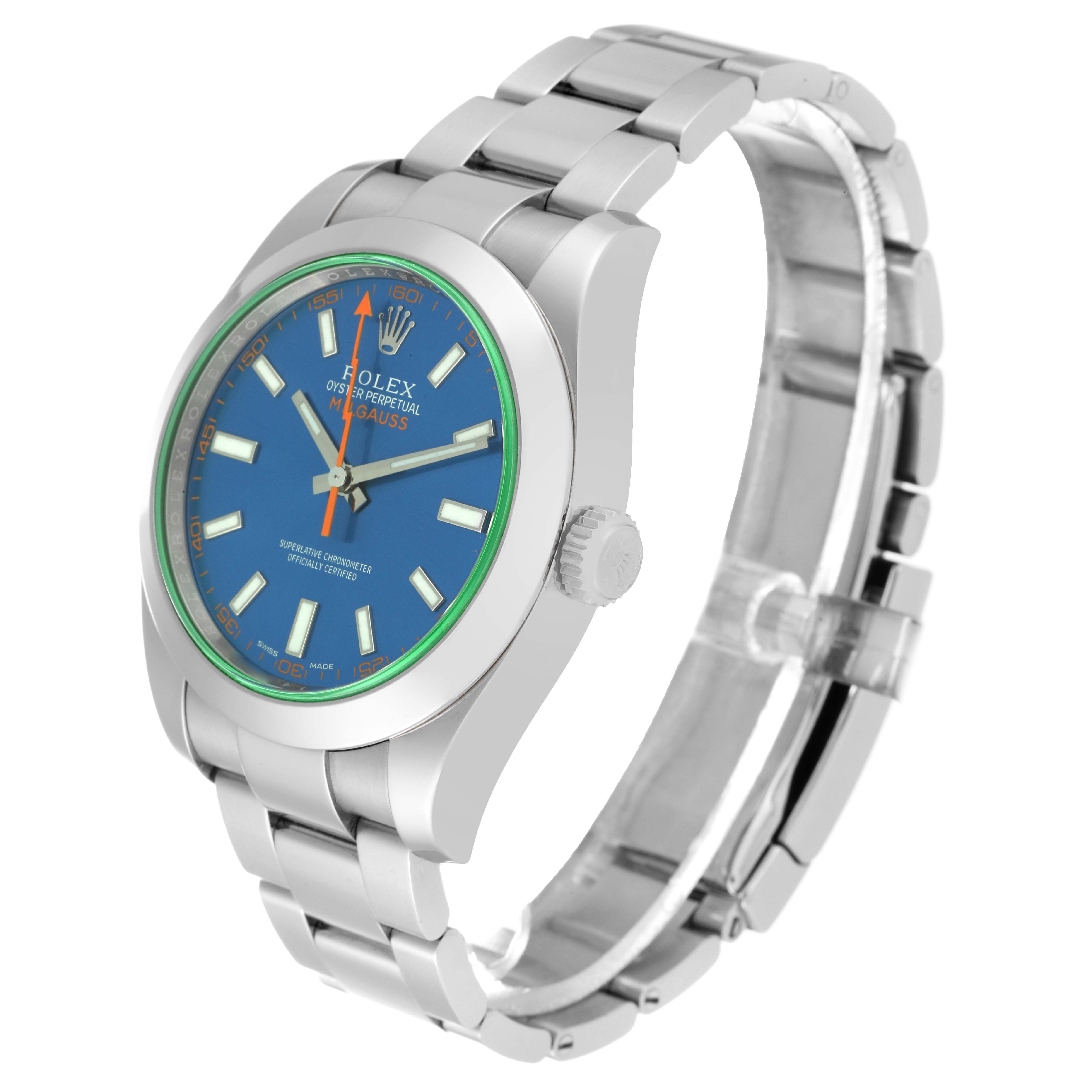The Rolex Milgauss 116400GV Men's Stainless Steel Blue Dial 116400GV Men's Stainless Steel Blue Dial watch is shown from a slight side angle, featuring its blue dial, stainless steel case, and bracelet.