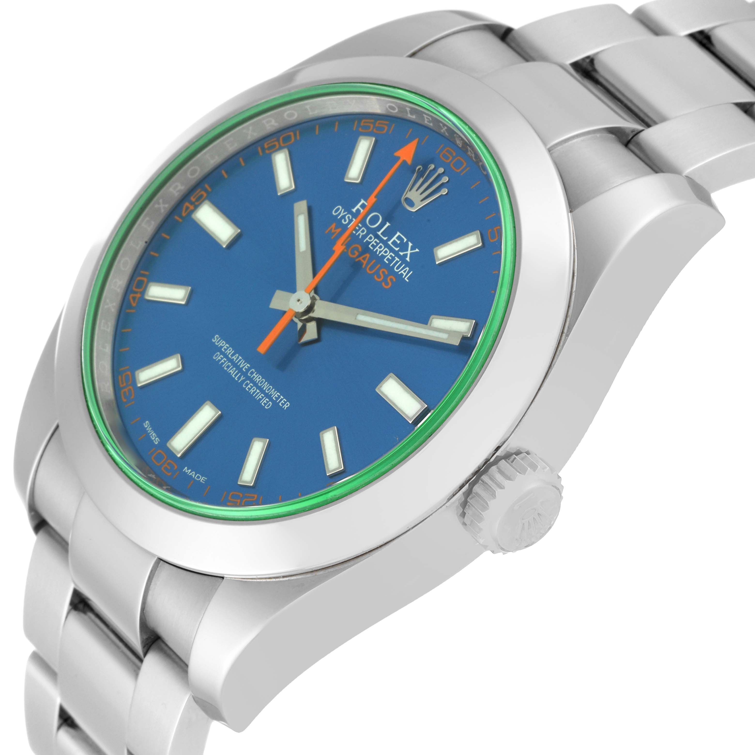 The Rolex Milgauss 116400GV Men's Stainless Steel Blue Dial 116400GV Men's Stainless Steel Blue Dial watch is shown at an angle highlighting the face, bracelet, and crown.