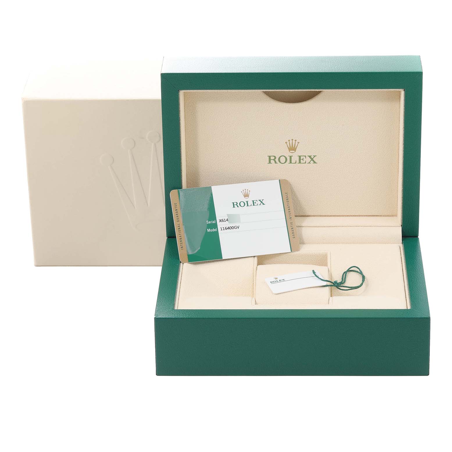 The image shows an open Rolex Milgauss 116400GV Men's Stainless Steel Blue Dial 116400GV Men's Stainless Steel Blue Dial watch box, warranty card, and tag, all viewed from the front at a slight angle.