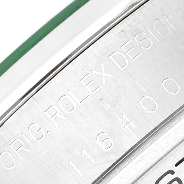 The image shows a close-up of the case back with engraved text of a Rolex Milgauss 116400GV Men's Stainless Steel Blue Dial 116400GV Men's Stainless Steel Blue Dial watch.