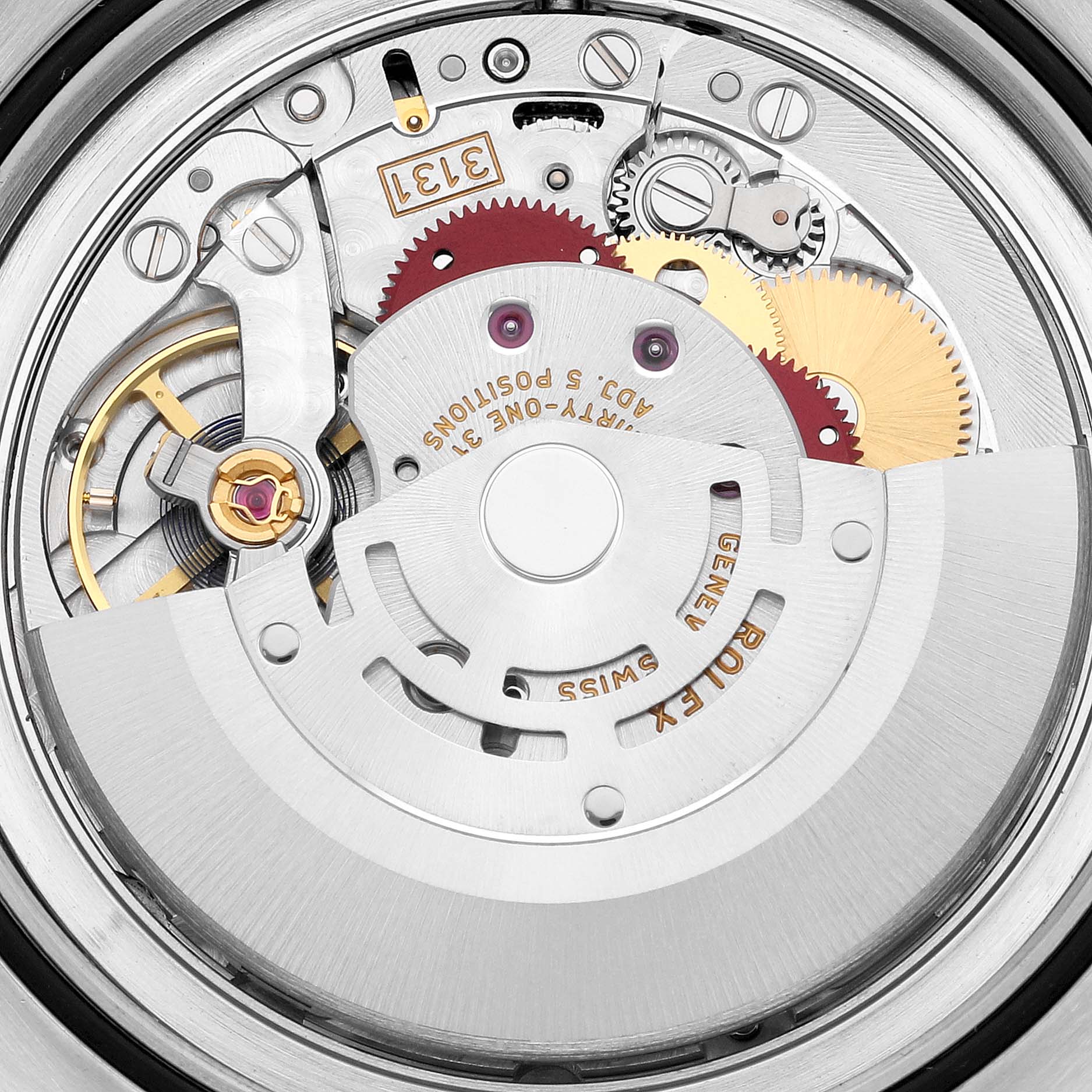 This image shows a close-up of the intricate mechanism inside a Rolex Milgauss 116400GV Men's Stainless Steel Blue Dial 116400GV Men's Stainless Steel Blue Dial watch, highlighting gears and movement components.