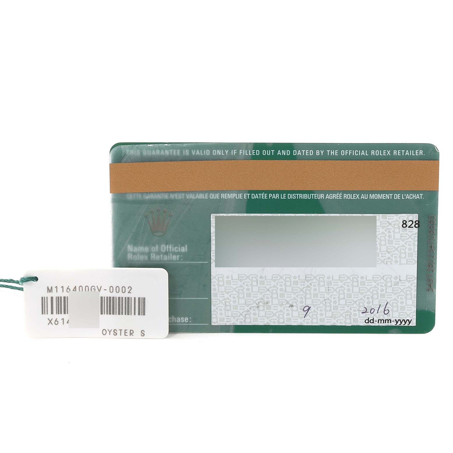 The image shows a Rolex Milgauss 116400GV Men's Stainless Steel Blue Dial 116400GV Men's Stainless Steel Blue Dial model warranty card along with a tag displaying the model number and serial number.