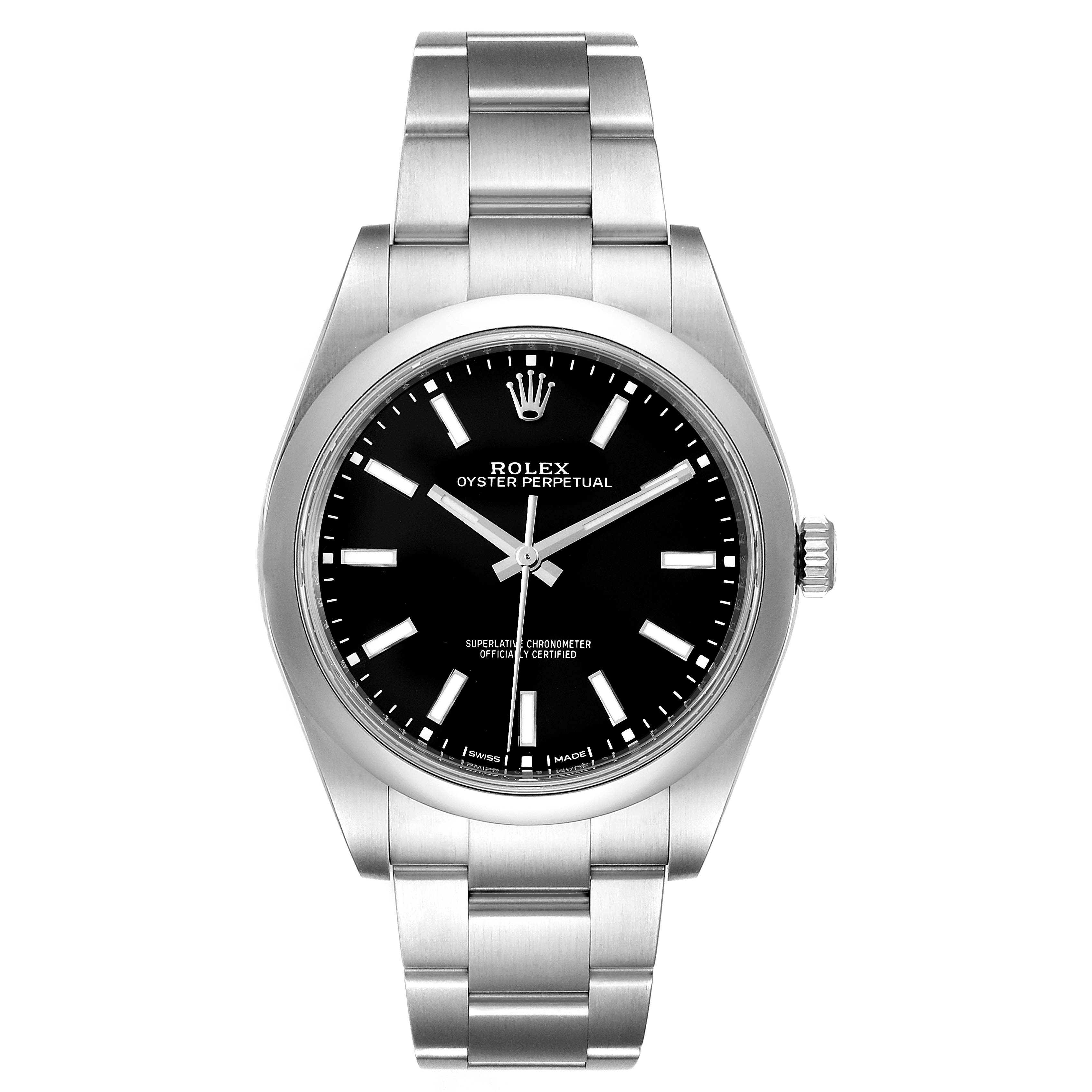 This image shows a front view of a Rolex Oyster Perpetual 114300 Men's Stainless Steel Black Dial 114300 Men's Stainless Steel Black Dial watch, featuring its case, dial, and bracelet.