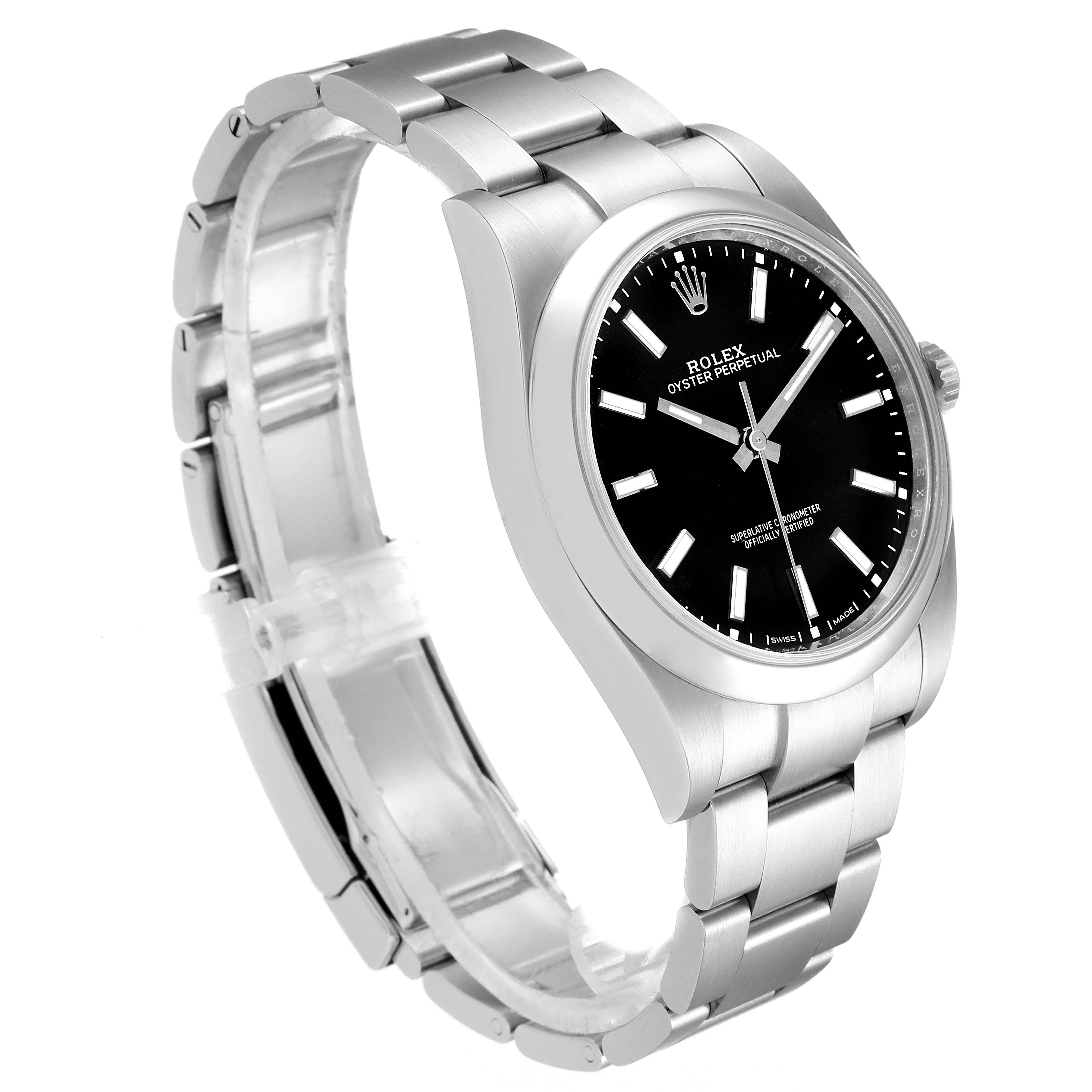 The image shows an angled view of a Rolex Oyster Perpetual 114300 Men's Stainless Steel Black Dial 114300 Men's Stainless Steel Black Dial watch, highlighting its stainless steel bracelet and black dial.
