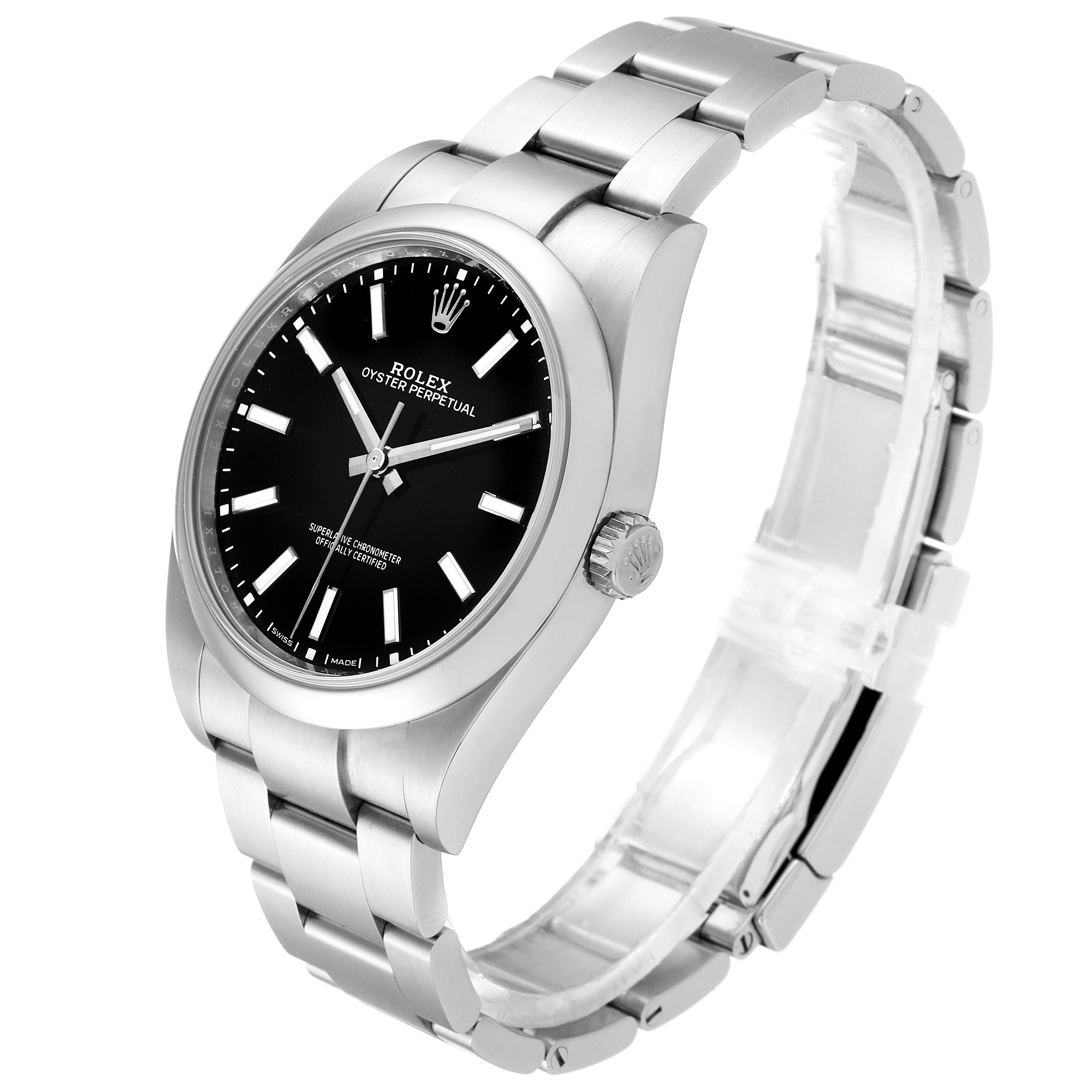 The Rolex Oyster Perpetual 114300 Men's Stainless Steel Black Dial 114300 Men's Stainless Steel Black Dial watch is shown at an angle highlighting its face, crown, and metal bracelet.