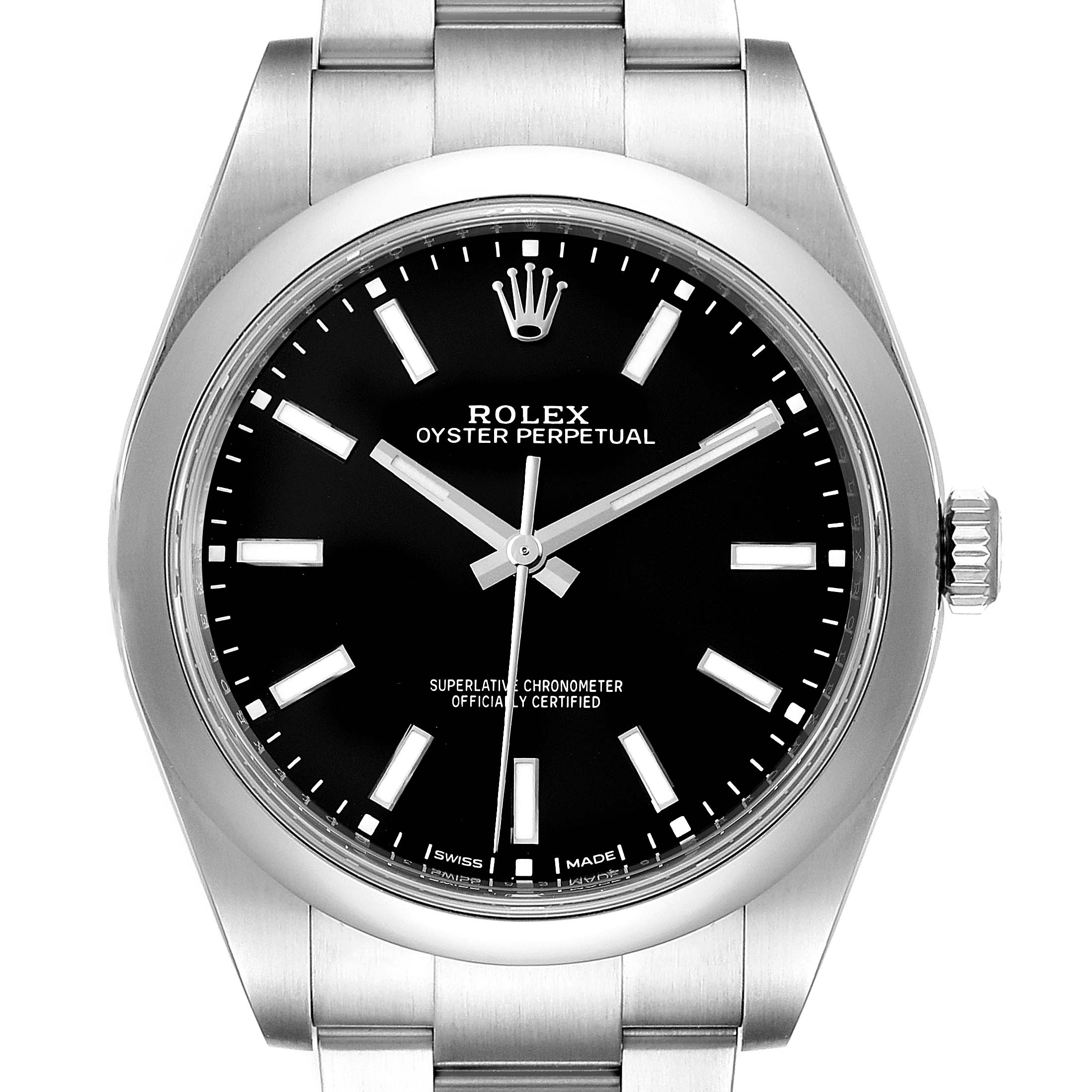The image shows a front view of the Rolex Oyster Perpetual 114300 Men's Stainless Steel Black Dial 114300 Men's Stainless Steel Black Dial watch, highlighting its black dial, markers, hands, and part of its bracelet.