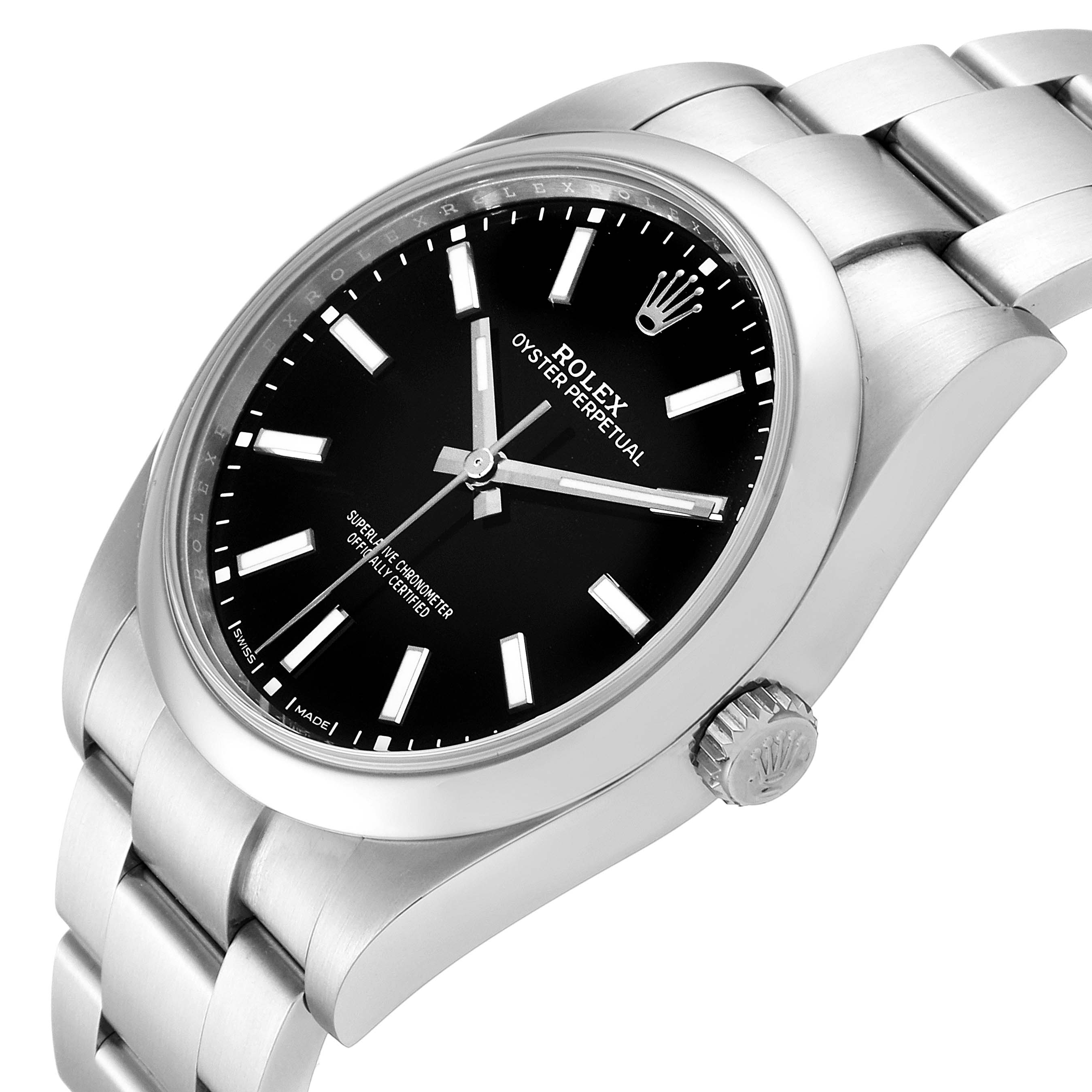 The Rolex Oyster Perpetual 114300 Men's Stainless Steel Black Dial 114300 Men's Stainless Steel Black Dial watch is shown from a three-quarter angle, displaying the face, side, crown, and bracelet.