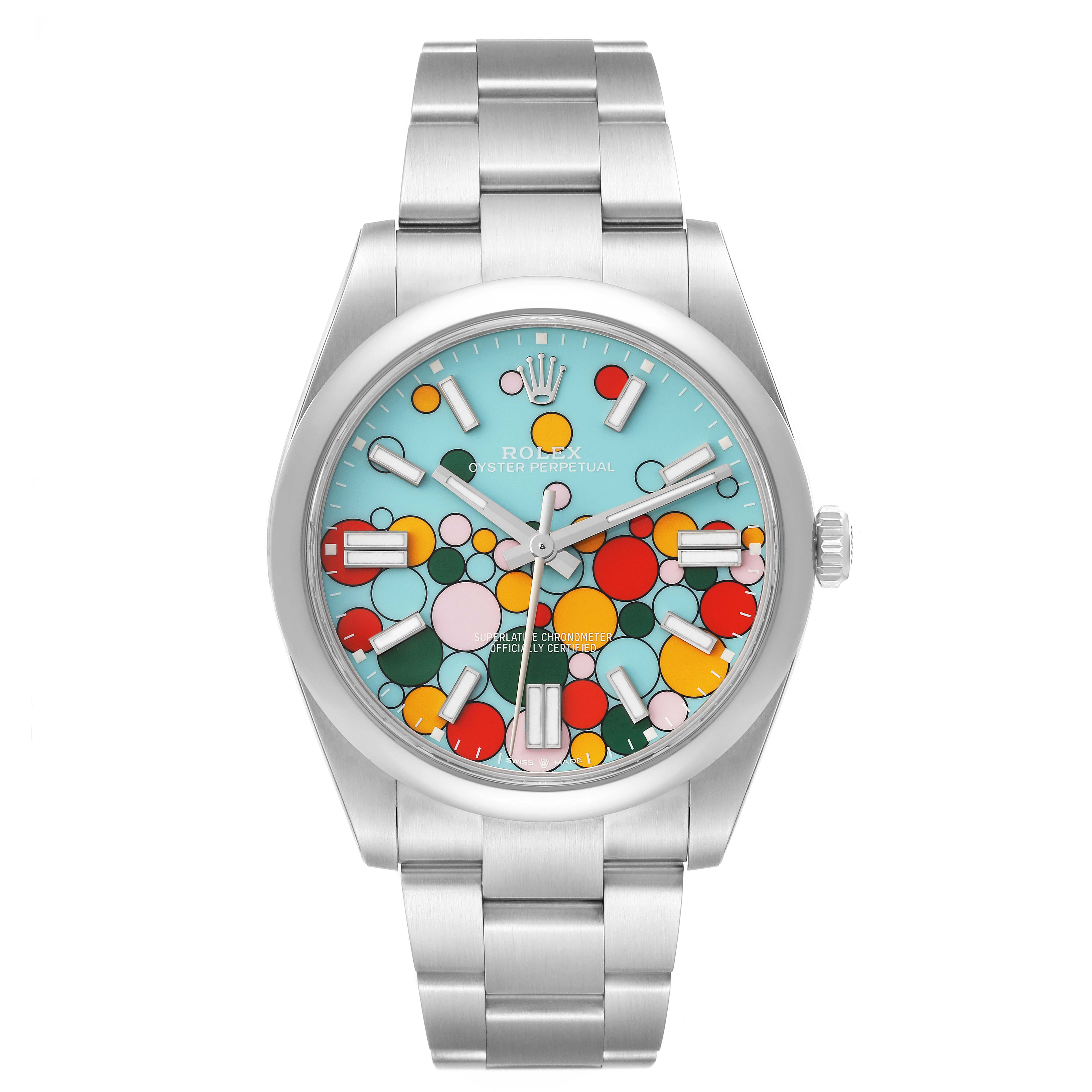 The image shows a front view of a Rolex Oyster Perpetual 124300 Men
s Stainless Steel Blue Dial 124300 Men
s Stainless Steel Blue Dial watch with a colorful dial and stainless steel bracelet.