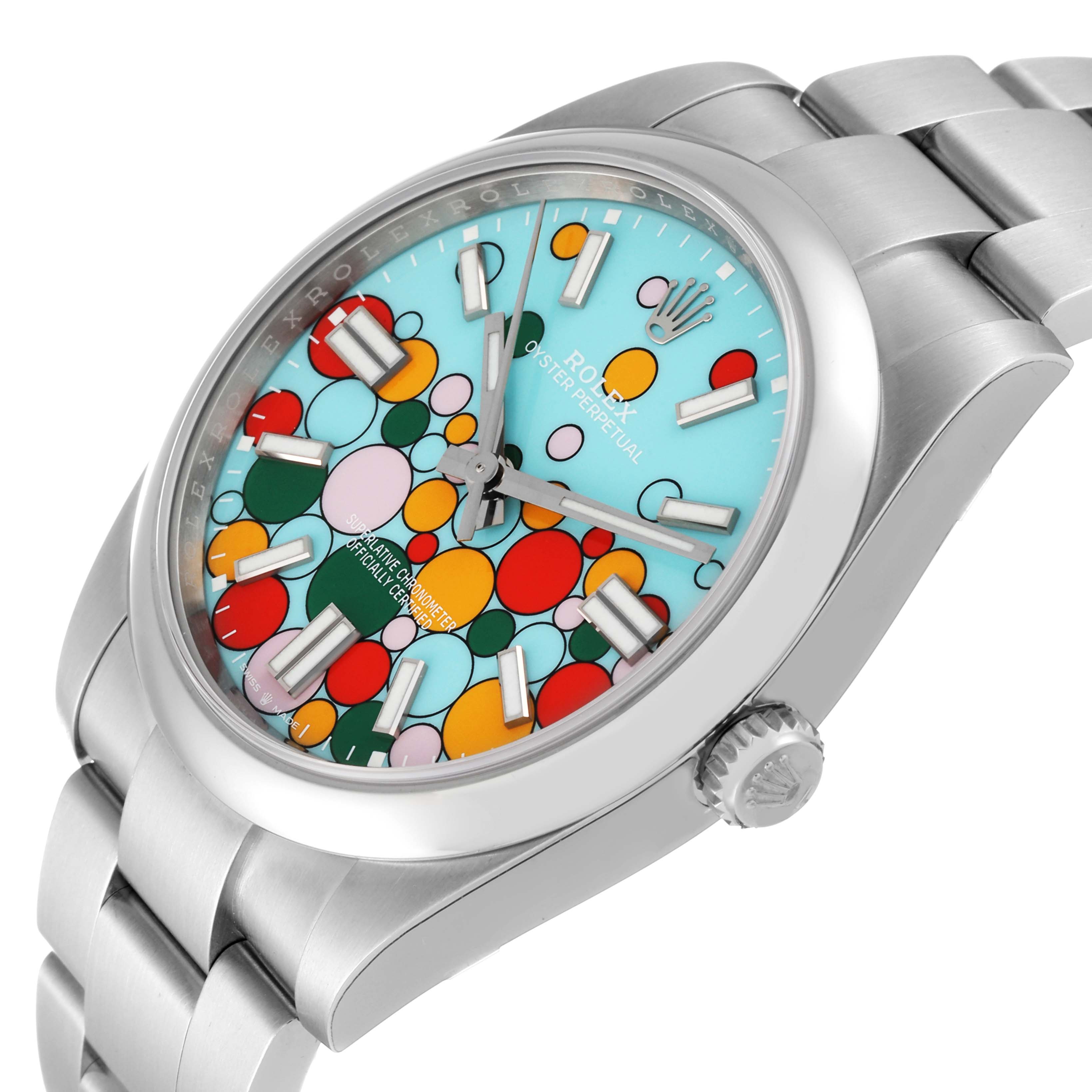 The image shows a Rolex Oyster Perpetual 124300 Men
s Stainless Steel Blue Dial 124300 Men
s Stainless Steel Blue Dial watch from an oblique angle, emphasizing its colorful dial and bracelet.