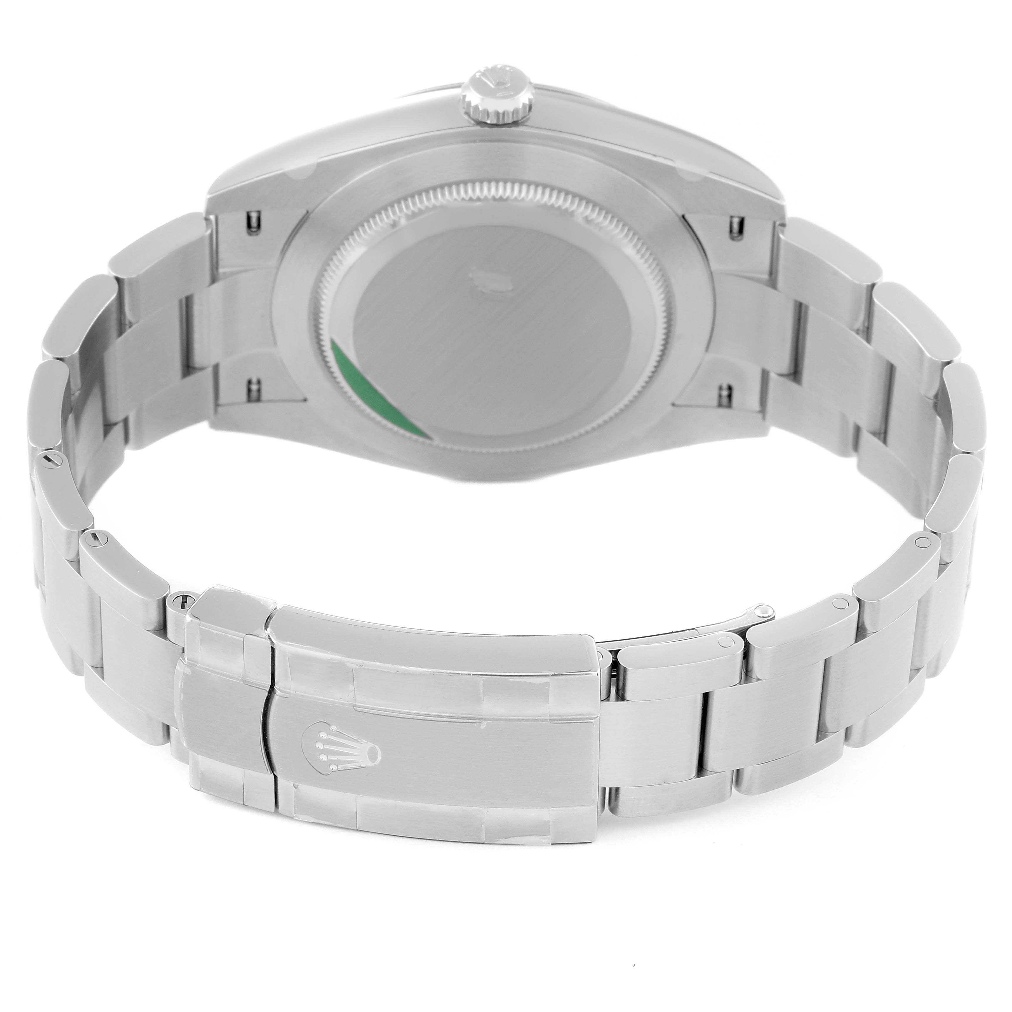 This image shows the back view of a Rolex Oyster Perpetual 124300 Men
s Stainless Steel Blue Dial 124300 Men
s Stainless Steel Blue Dial watch, highlighting the clasp, bracelet, and case back.