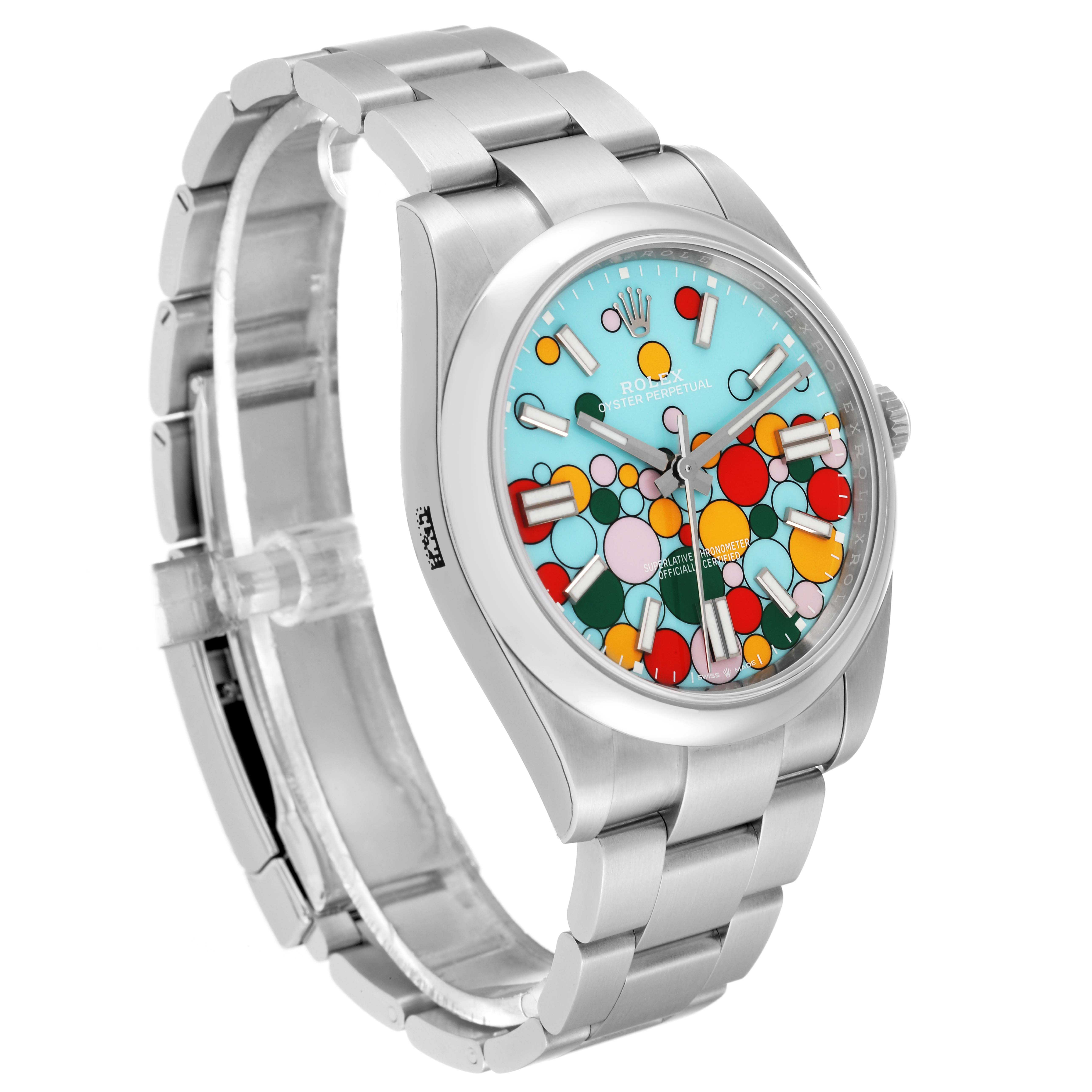 The Rolex Oyster Perpetual 124300 Men
s Stainless Steel Blue Dial 124300 Men
s Stainless Steel Blue Dial watch is shown from a side angle, displaying the bracelet, casing, and colorful dial.