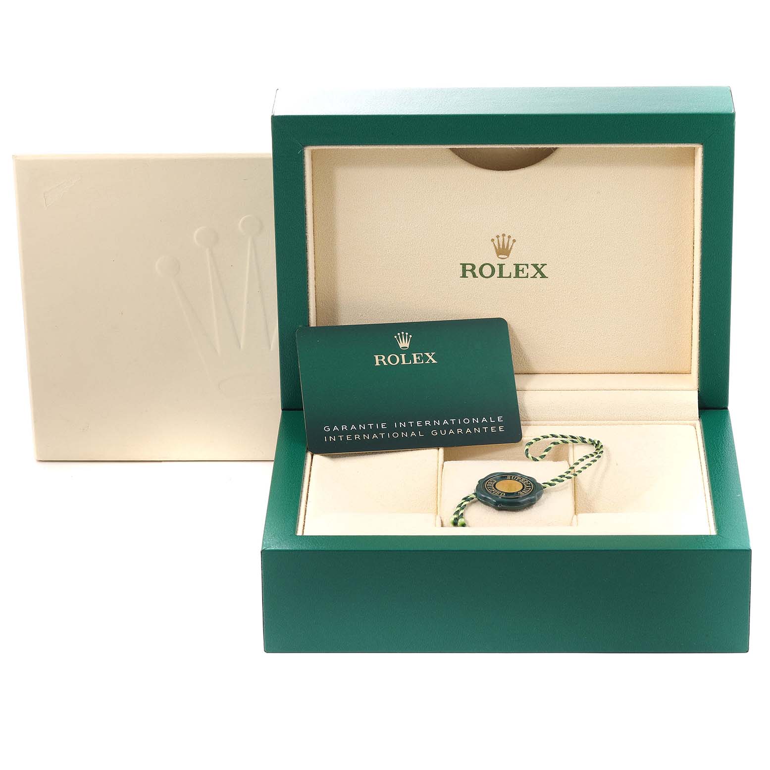 The image shows an open box for a Rolex Oyster Perpetual 124300 Men
s Stainless Steel Blue Dial 124300 Men
s Stainless Steel Blue Dial watch with warranty card and tag inside.