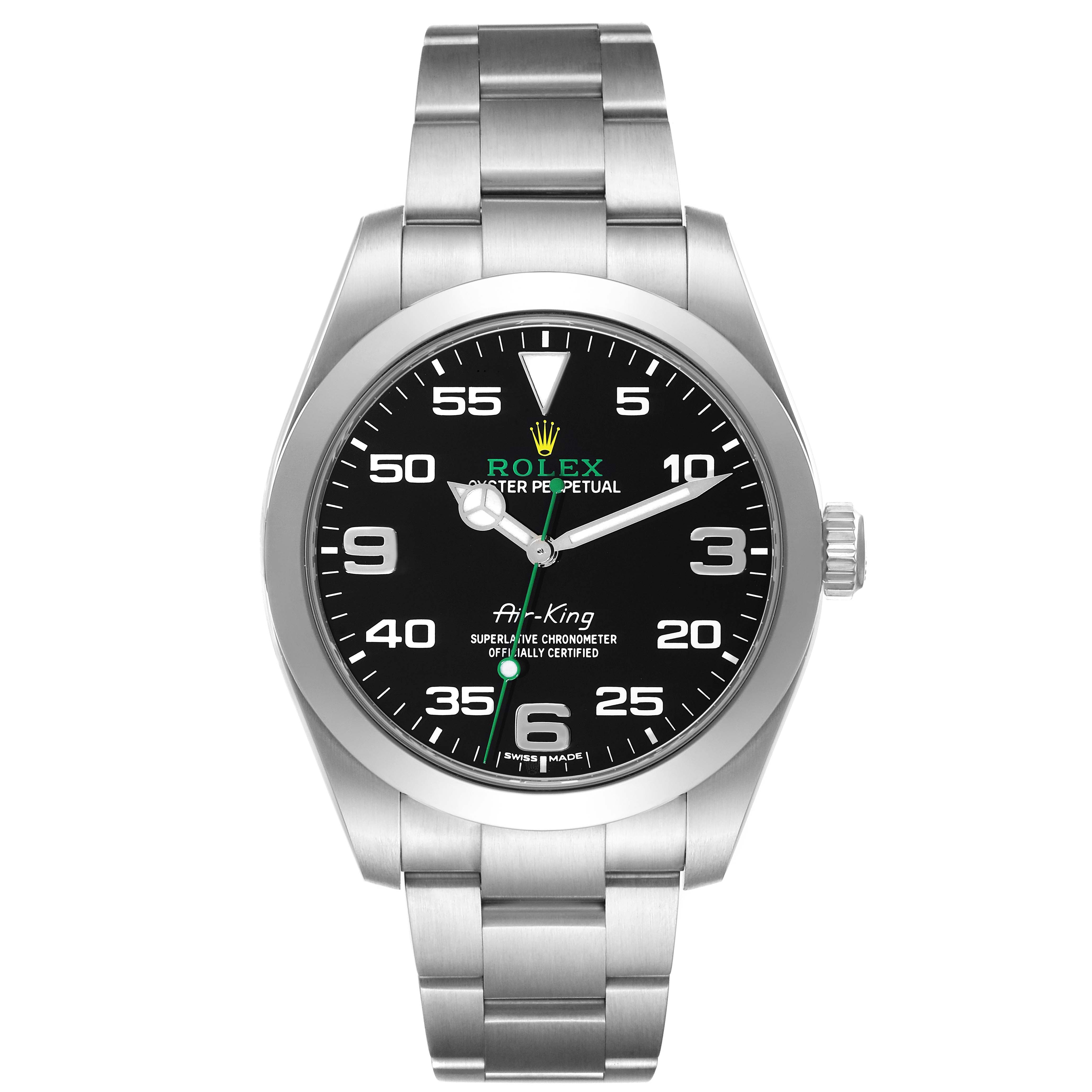 This image shows a front view of a Rolex Air-King 116900 Men's Stainless Steel Black Dial 116900 Men's Stainless Steel Black Dial watch, highlighting the face, bezel, and bracelet.