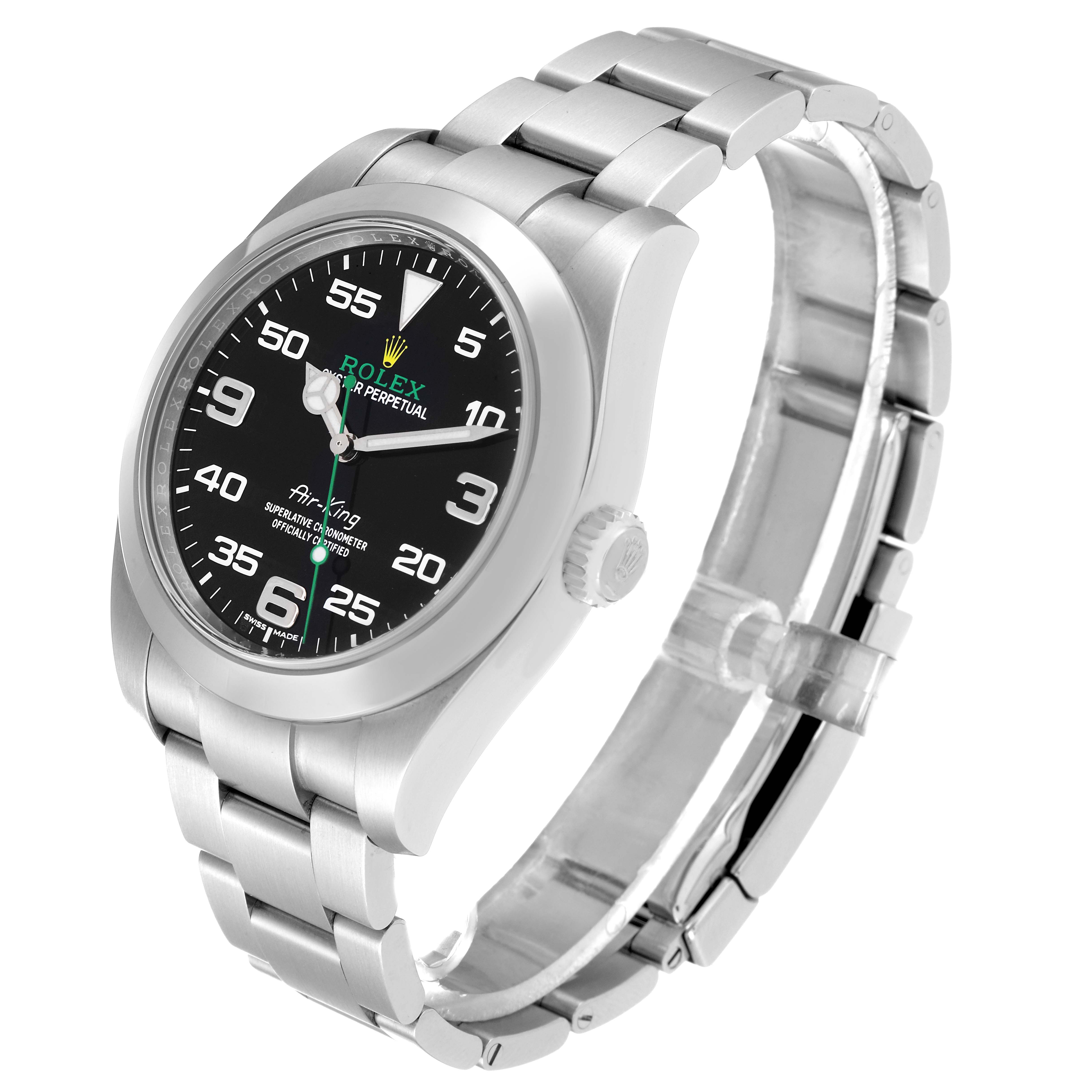 This image shows a side-angle view of the Rolex Air-King 116900 Men's Stainless Steel Black Dial 116900 Men's Stainless Steel Black Dial watch, highlighting the bracelet, case, and dial.