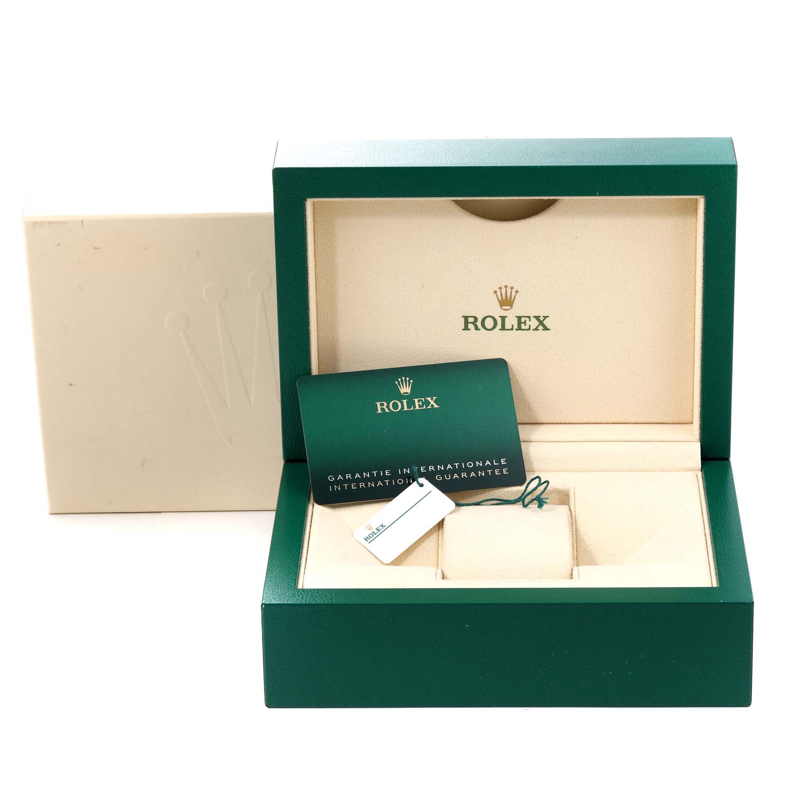 This image shows the packaging, warranty card, and tags for a Rolex Air-King 116900 Men's Stainless Steel Black Dial 116900 Men's Stainless Steel Black Dial watch.