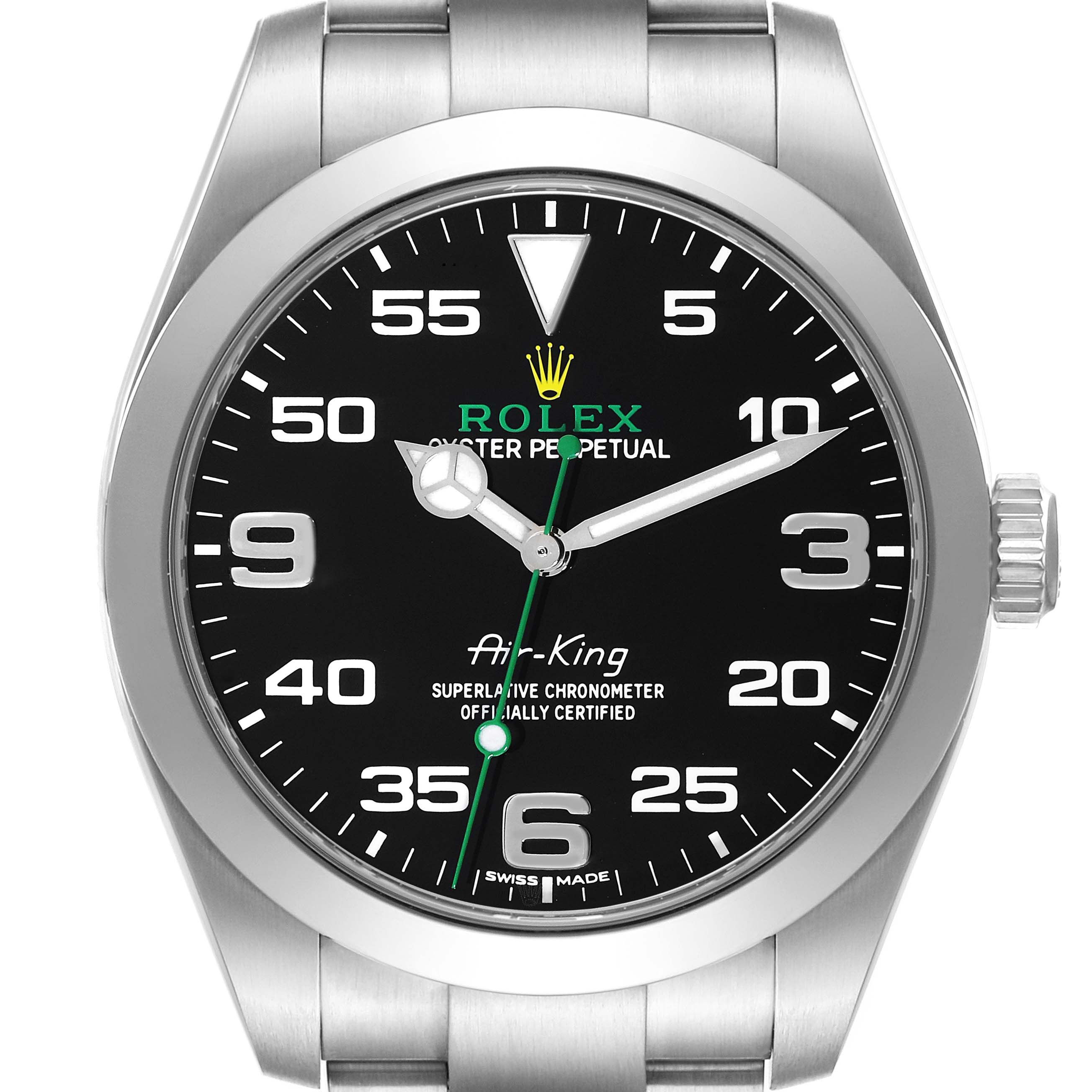 This image shows a close-up of the Rolex Air-King 116900 Men's Stainless Steel Black Dial 116900 Men's Stainless Steel Black Dial watch face, bezel, crown, and part of the bracelet.