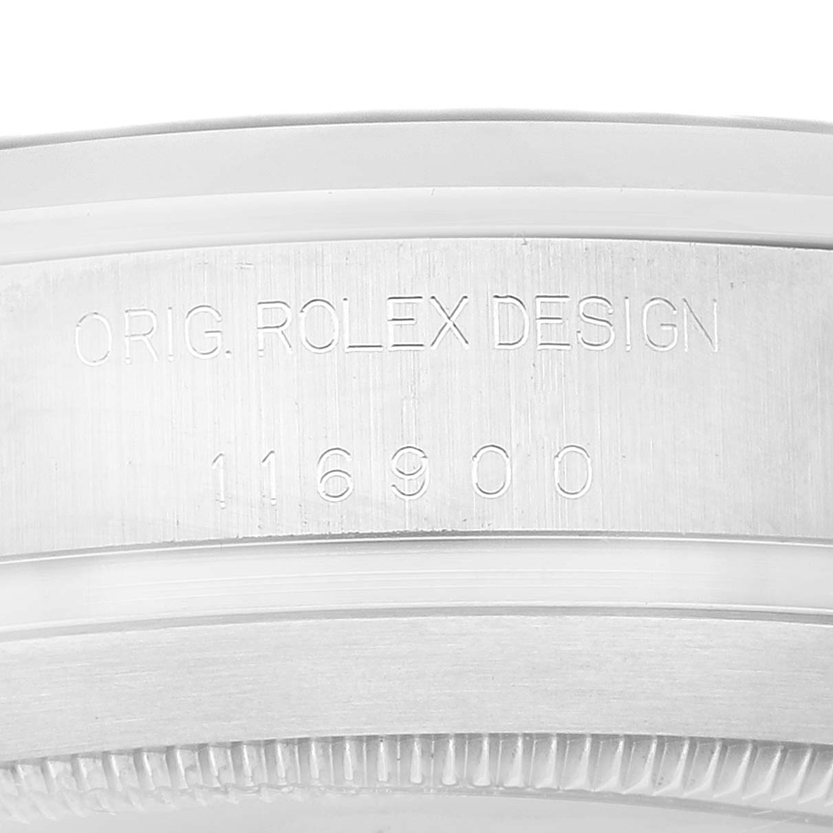 This image shows a close-up of the side of a Rolex Air-King 116900 Men's Stainless Steel Black Dial 116900 Men's Stainless Steel Black Dial model, highlighting the engraved design and model number.