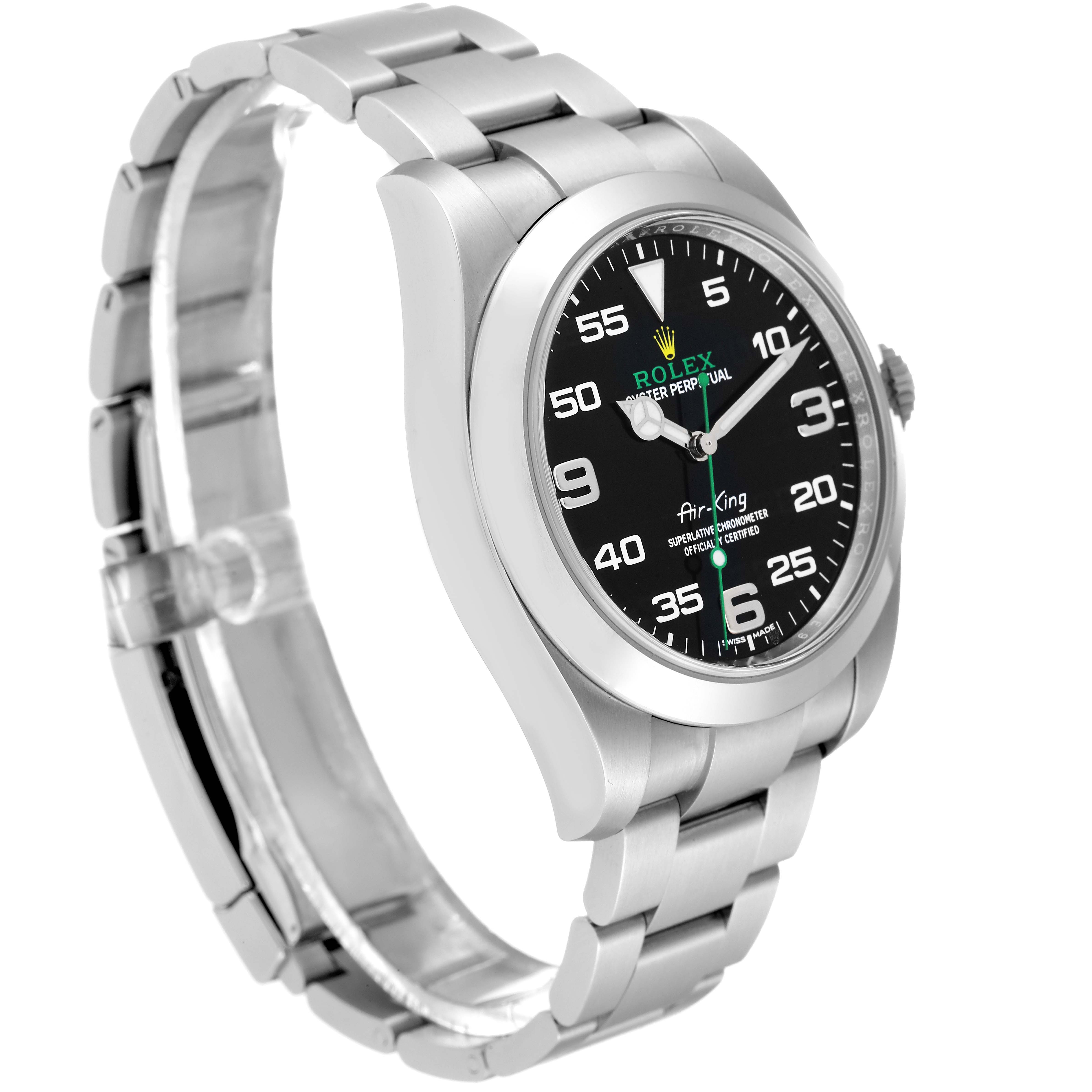 The Rolex Air-King 116900 Men's Stainless Steel Black Dial 116900 Men's Stainless Steel Black Dial watch is shown at a three-quarter angle displaying the face, case, and part of the bracelet.