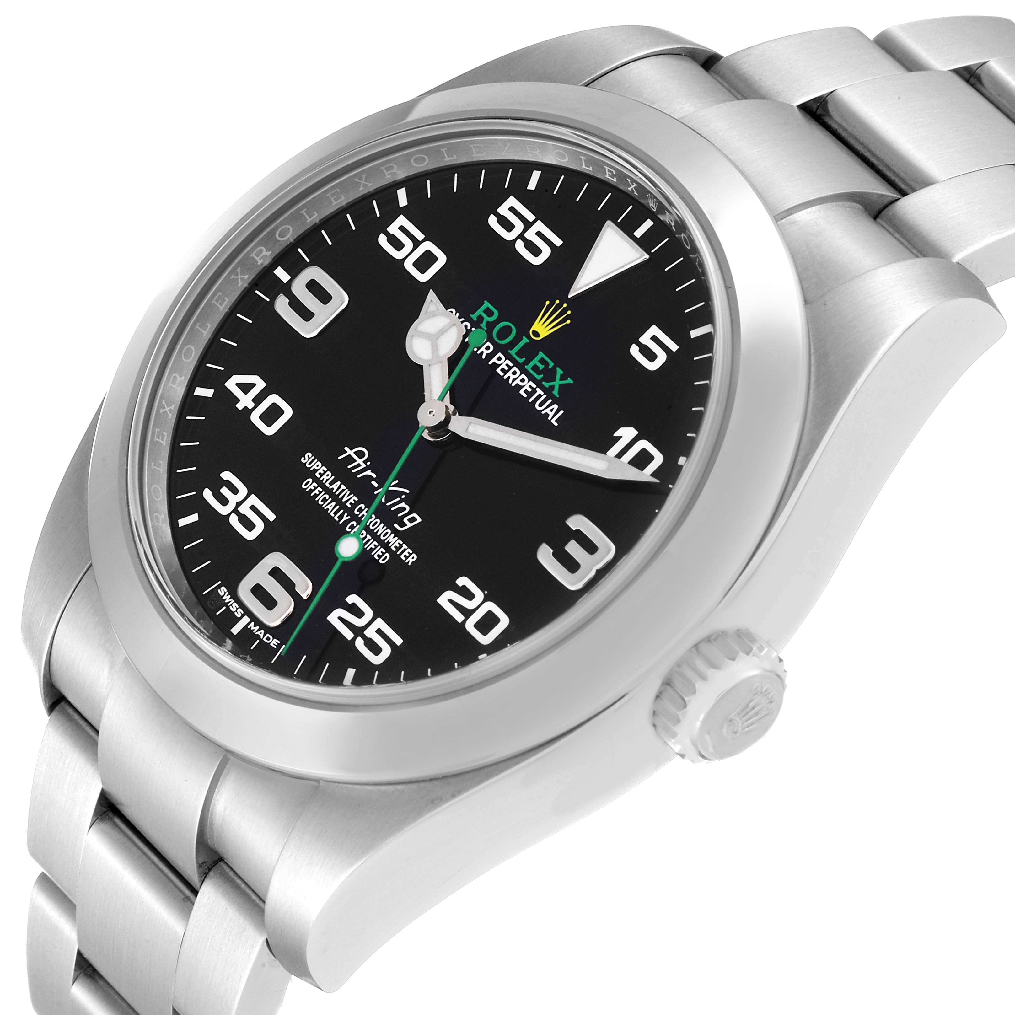 The image shows the Rolex Air-King 116900 Men's Stainless Steel Black Dial 116900 Men's Stainless Steel Black Dial watch from an angled side view, highlighting the dial, case, and part of the bracelet.