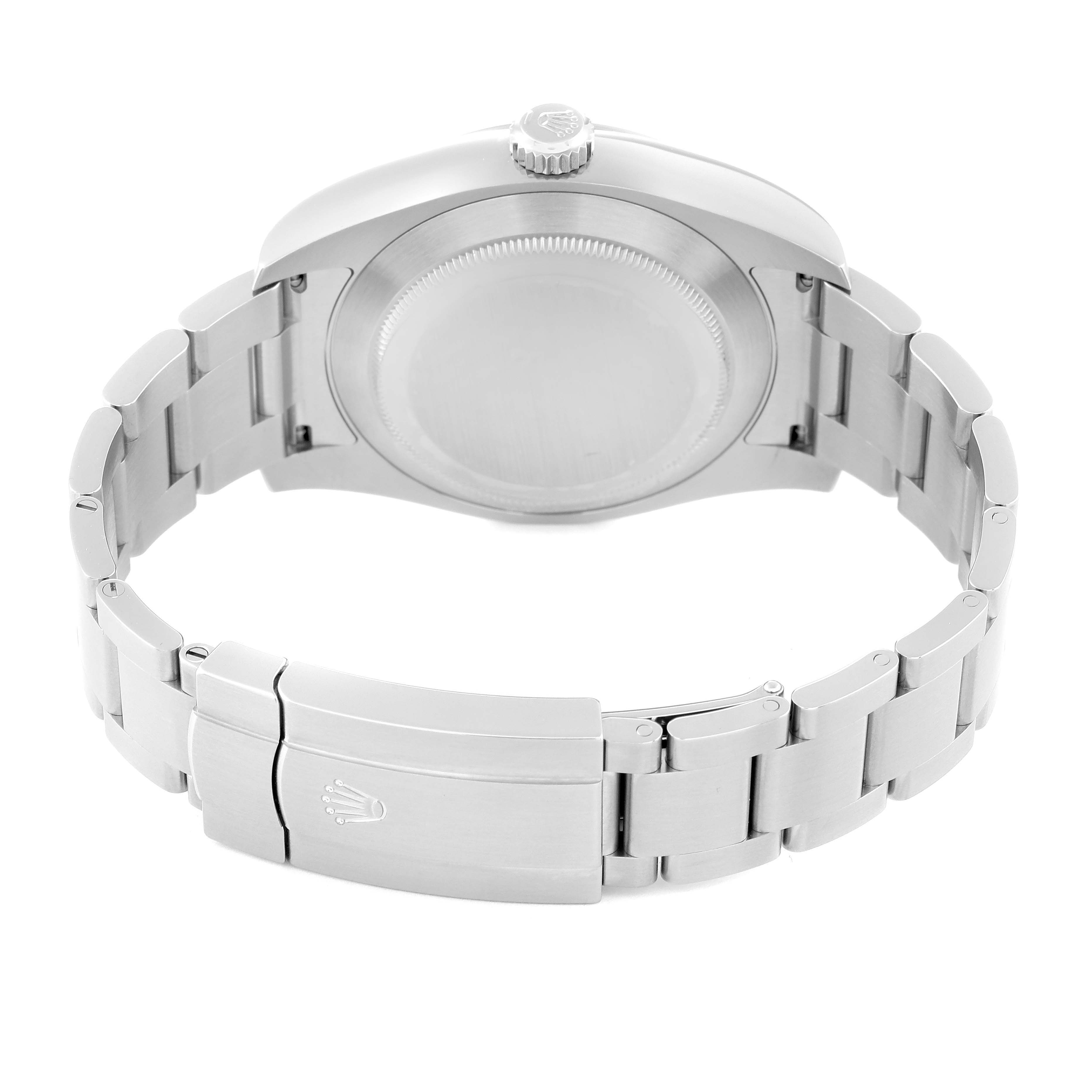 This image shows the back view of a Rolex Air-King 116900 Men's Stainless Steel Black Dial 116900 Men's Stainless Steel Black Dial watch including its case back and bracelet with clasp.