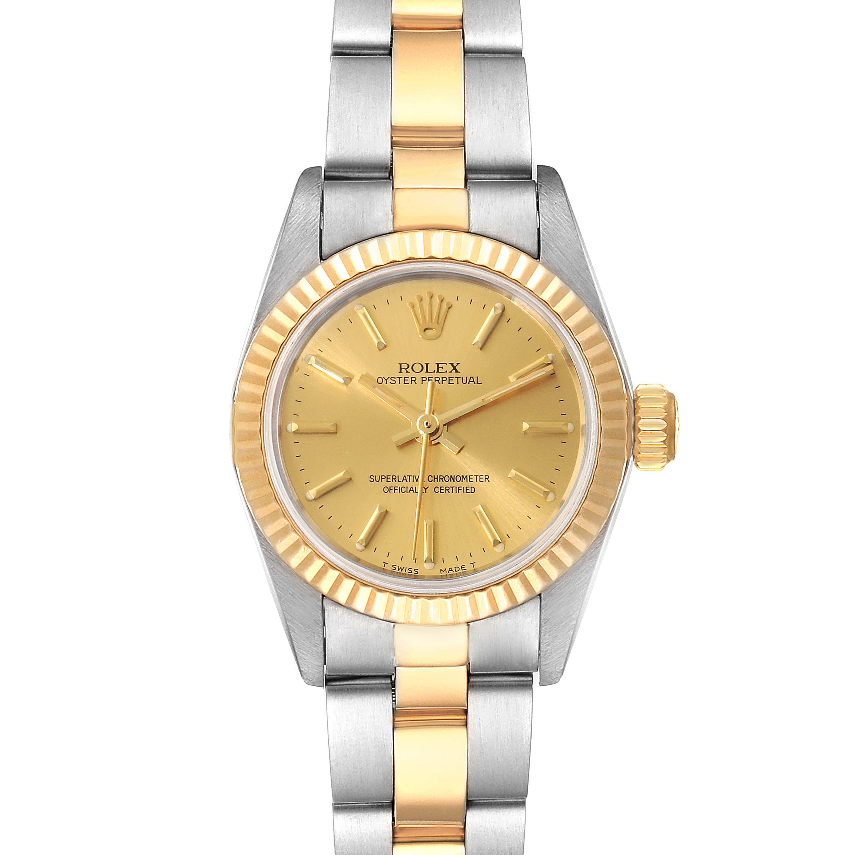 This image shows a front view of a Rolex Oyster Perpetual 67193 Women
s Steel and Gold (two tone) Champagne Dial 67193 Women
s Steel and Gold (two tone) Champagne Dial watch, highlighting its gold dial, bezel, and two-tone bracelet.
