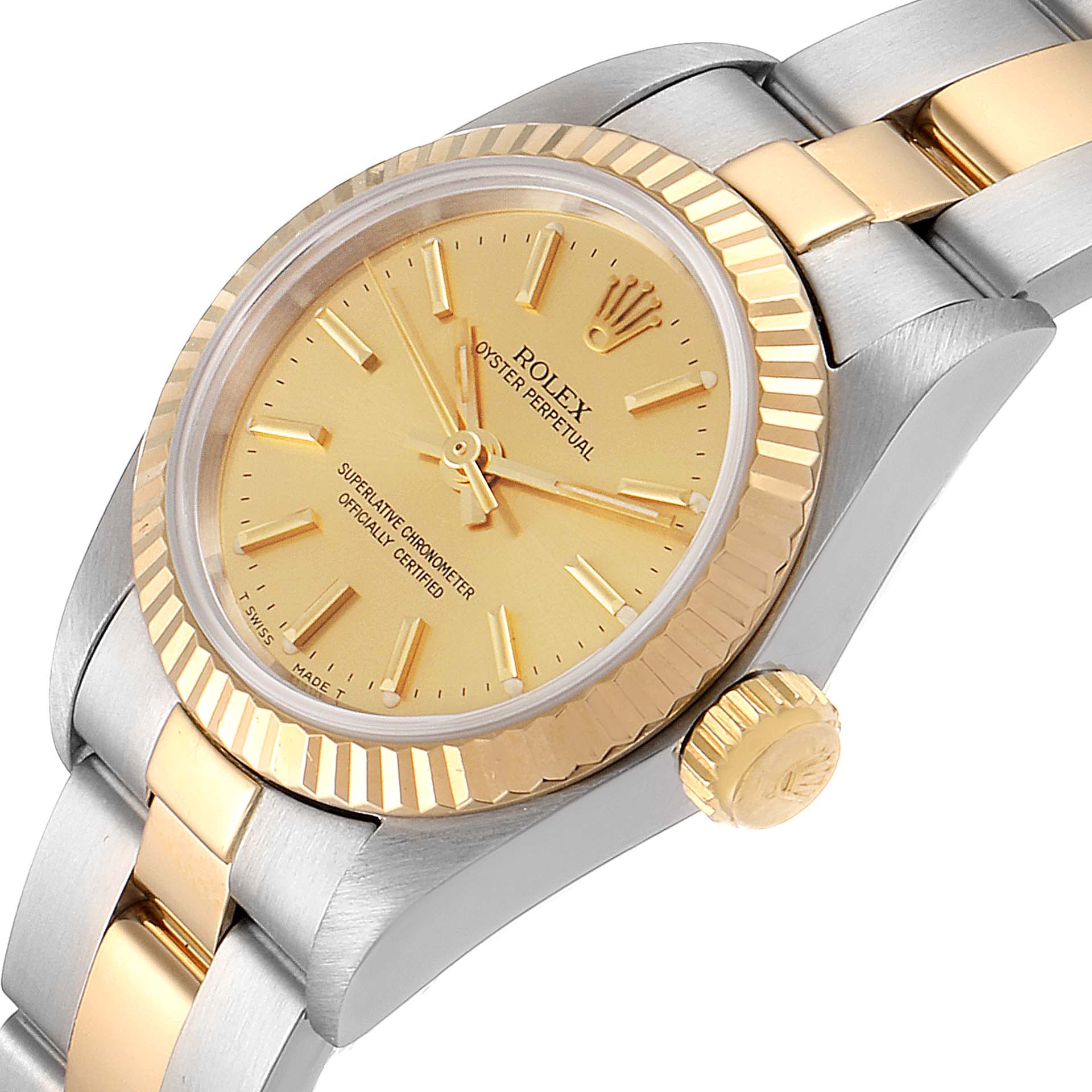 The image shows a close-up angle of a Rolex Oyster Perpetual 67193 Women
s Steel and Gold (two tone) Champagne Dial 67193 Women
s Steel and Gold (two tone) Champagne Dial watch, showcasing the dial, crown, bezel, and part of the bracelet.