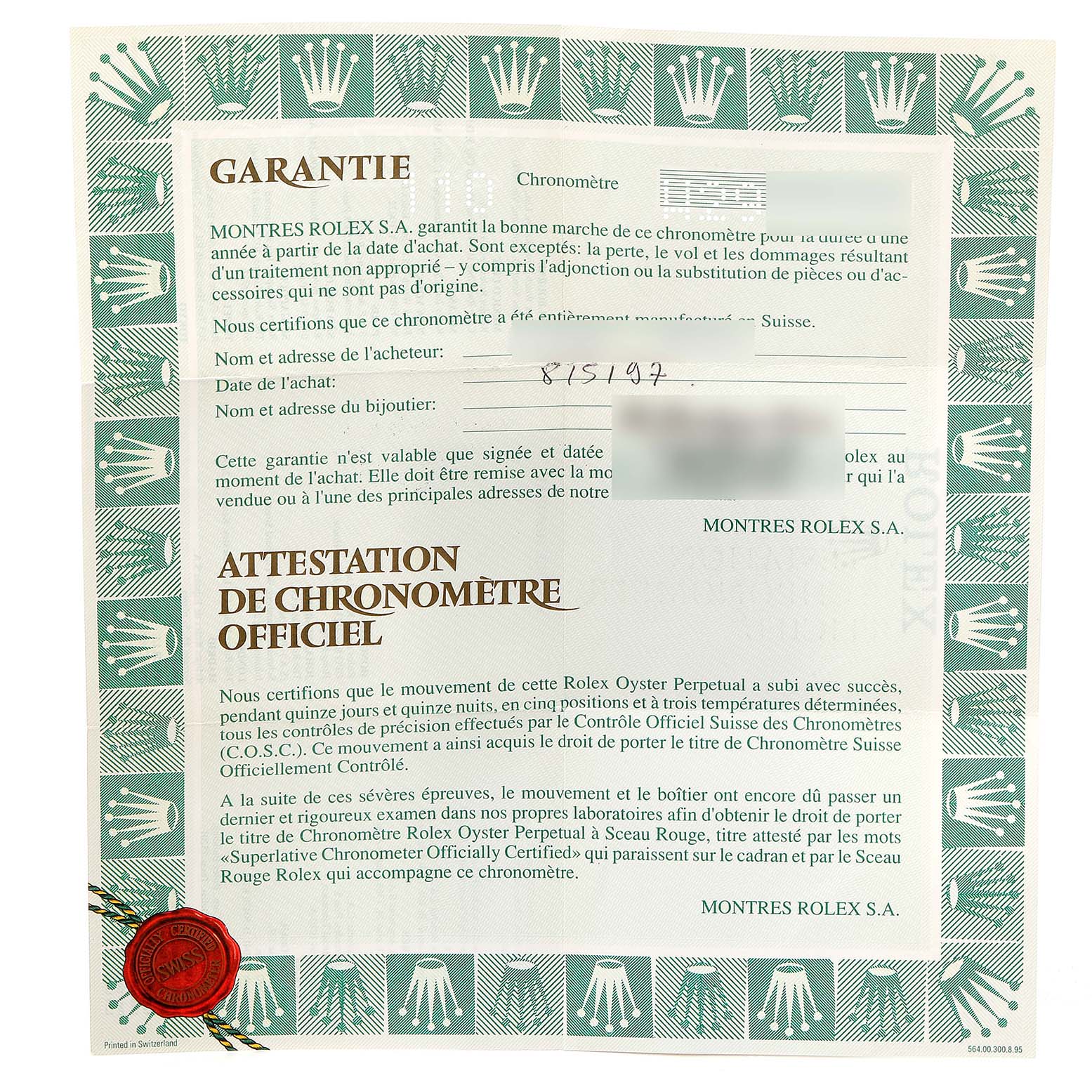 This image shows the warranty and official chronometer certificate for a Rolex Oyster Perpetual 67193 Women
s Steel and Gold (two tone) Champagne Dial 67193 Women
s Steel and Gold (two tone) Champagne Dial watch.