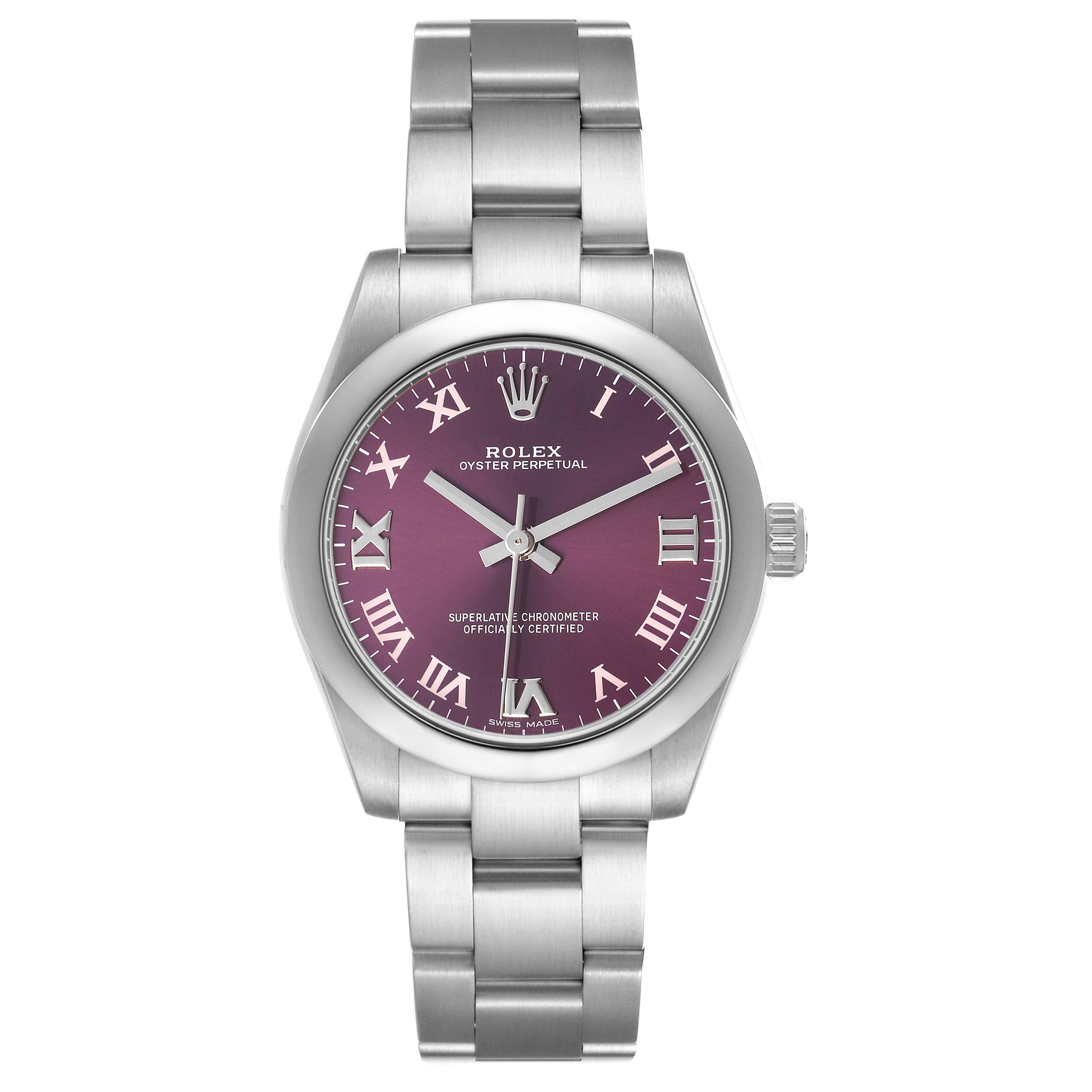 The Rolex Mid-Size 177200 Women's Stainless Steel Purple Dial watch is shown from a front angle displaying its dial, bezel, crown, and bracelet.