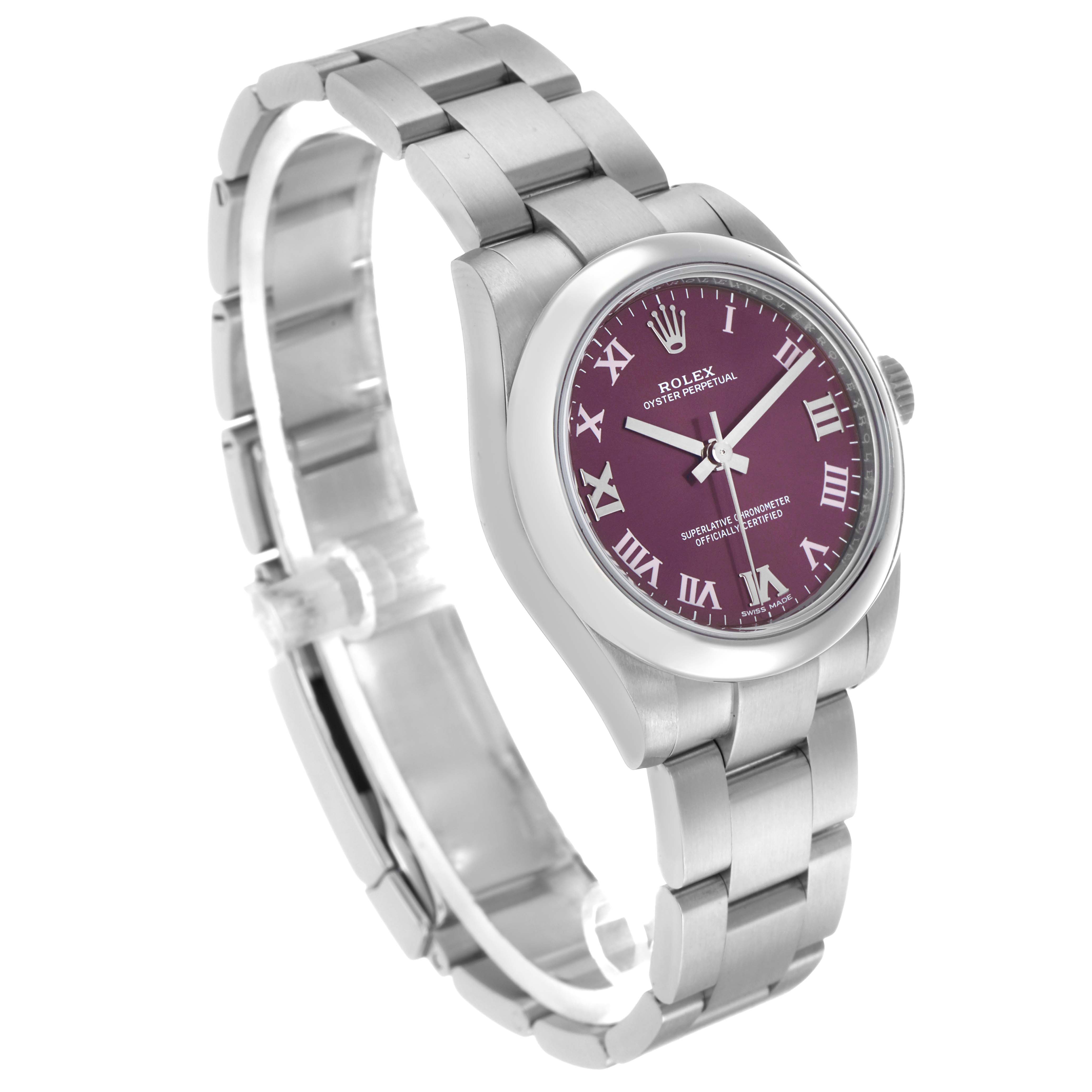 The Rolex Mid-Size 177200 Women's Stainless Steel Purple Dial watch is angled to show the dial, bezel, crown, and part of the bracelet.