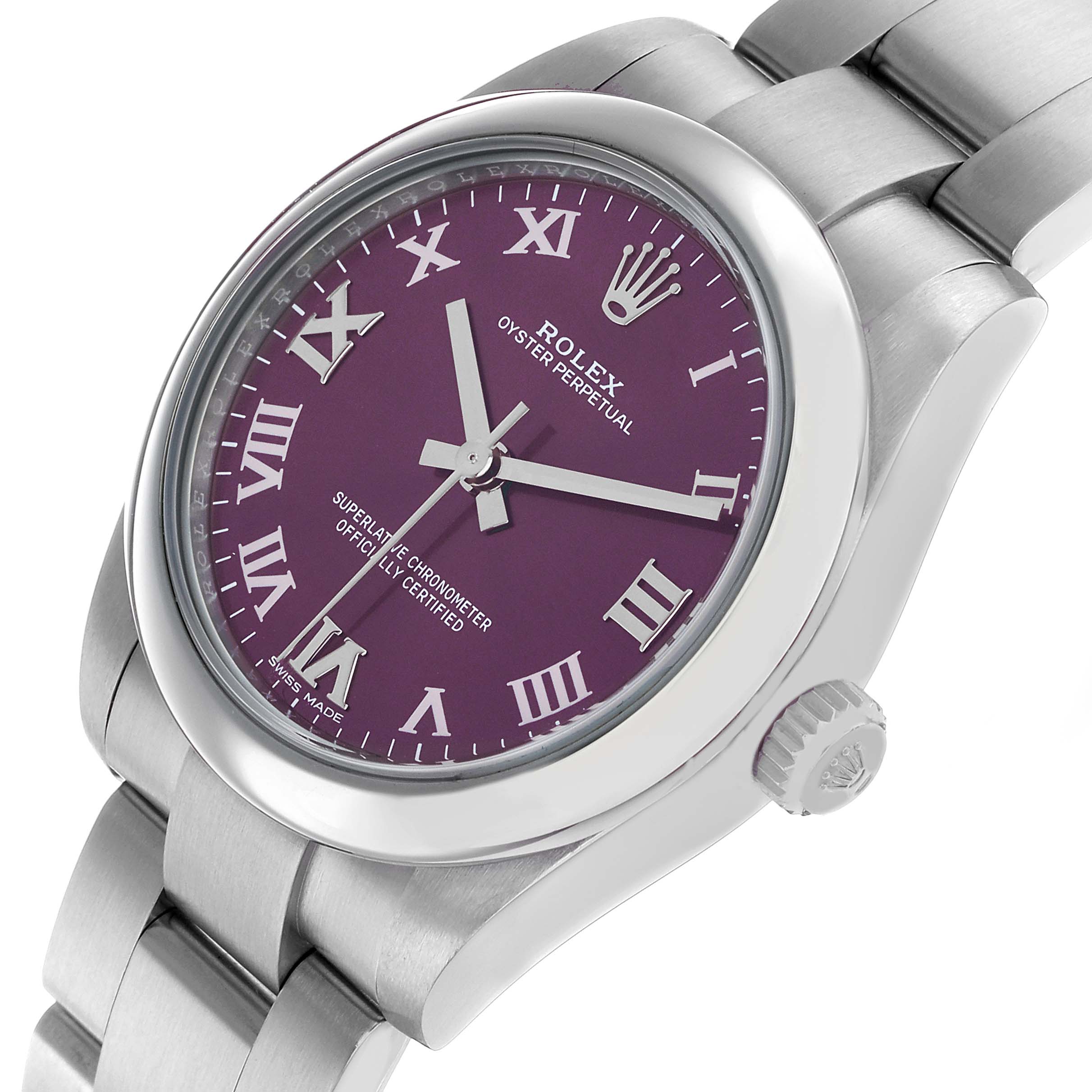 The Rolex Mid-Size 177200 Women's Stainless Steel Purple Dial is shown at an angled close-up, highlighting the purple dial, silver bezel, and bracelet.