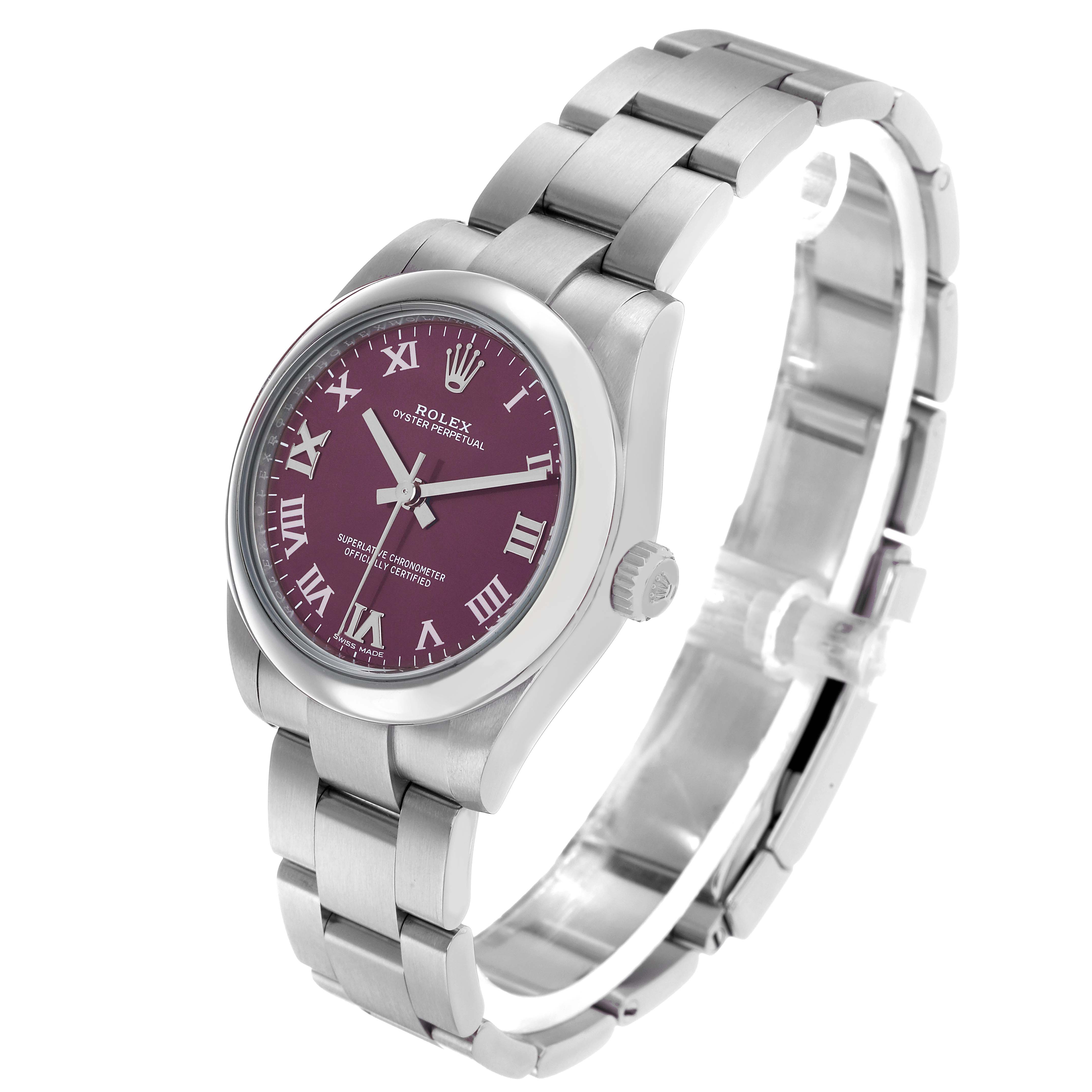 The Rolex Mid-Size 177200 Women's Stainless Steel Purple Dial model is shown at a slight angle, displaying the face, bezel, crown, and partial bracelet.