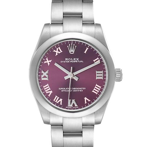 This Rolex Oyster Perpetual Mid-Size watch is shown from the front, highlighting the dial, case, and part of the bracelet.