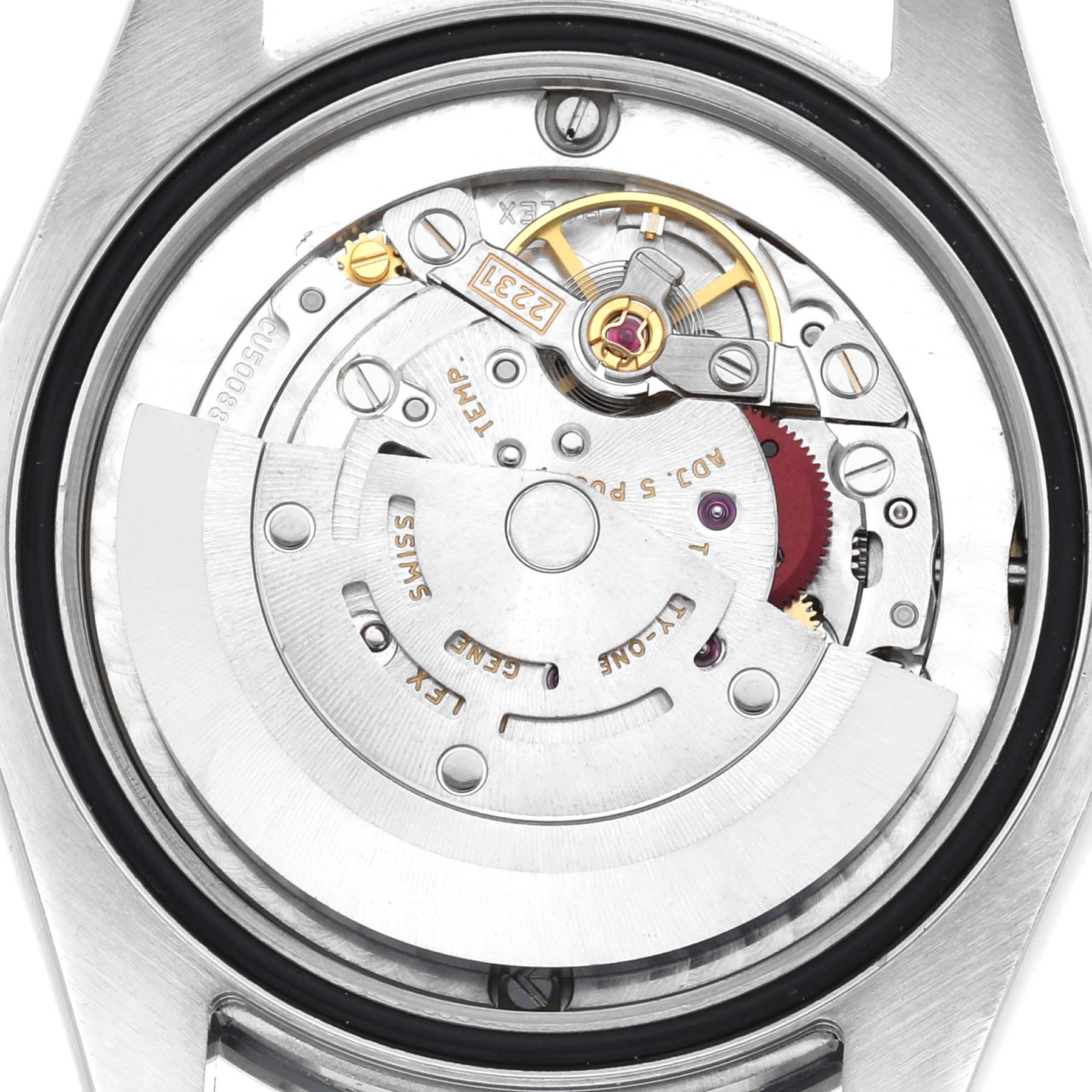 The Rolex Mid-Size 177200 Women's Stainless Steel Purple Dial watch is shown from the back, highlighting the intricate movement components.