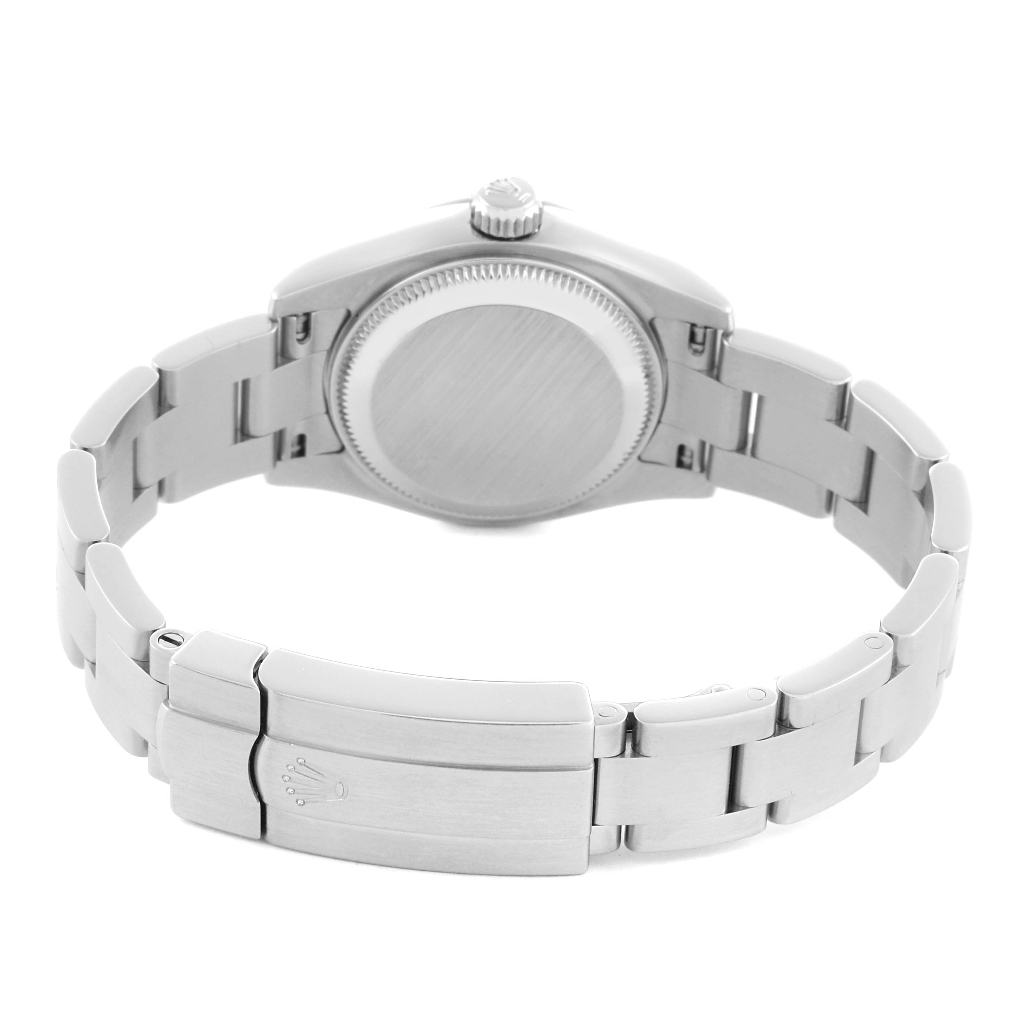 The Rolex Oyster Perpetual 176200 Women's Stainless Steel Silver Dial 176200 Women's Stainless Steel Silver Dial watch is shown from the back, displaying the case back and bracelet clasp.