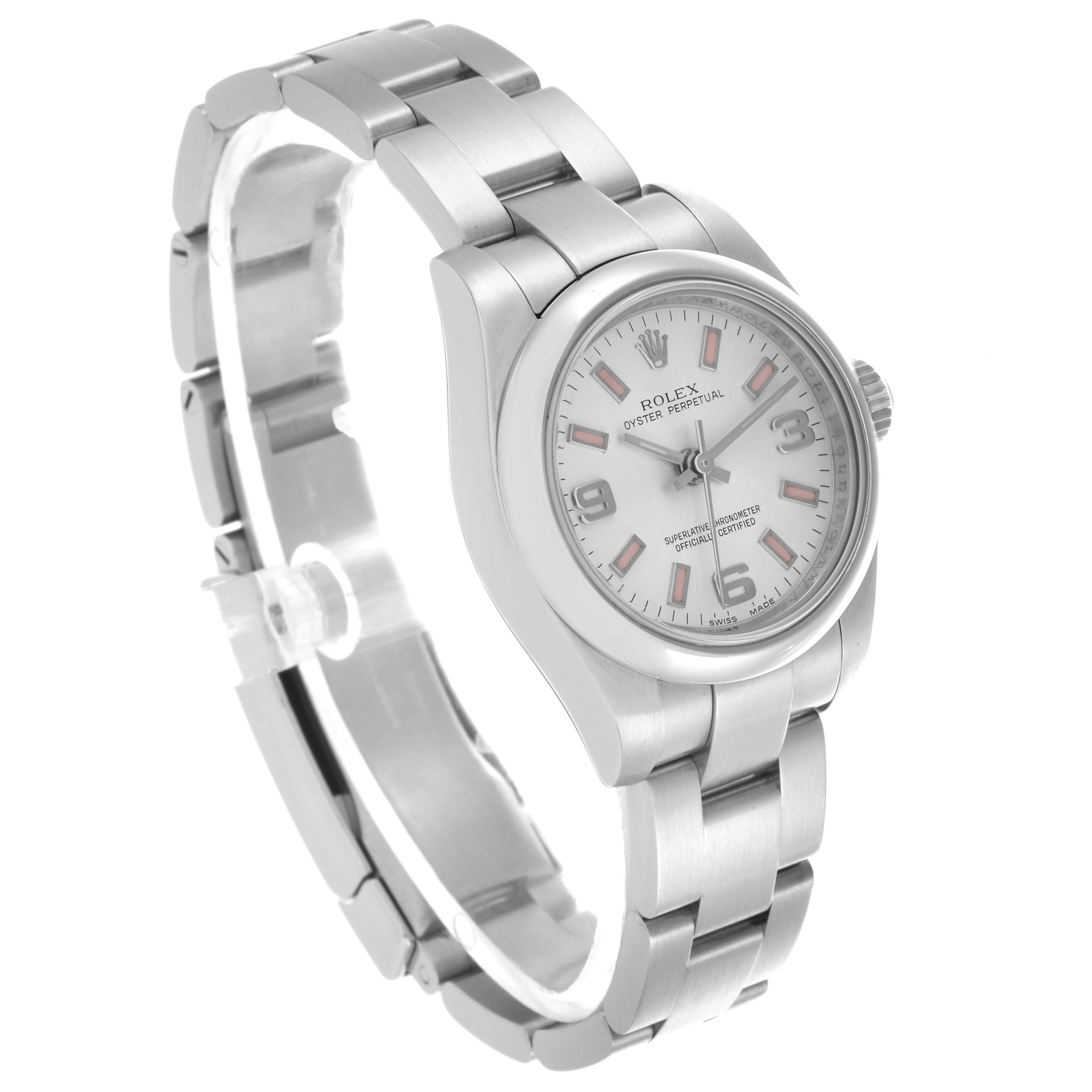 The Rolex Oyster Perpetual 176200 Women's Stainless Steel Silver Dial 176200 Women's Stainless Steel Silver Dial watch is shown at a slight angle, highlighting its face, bezel, and bracelet.