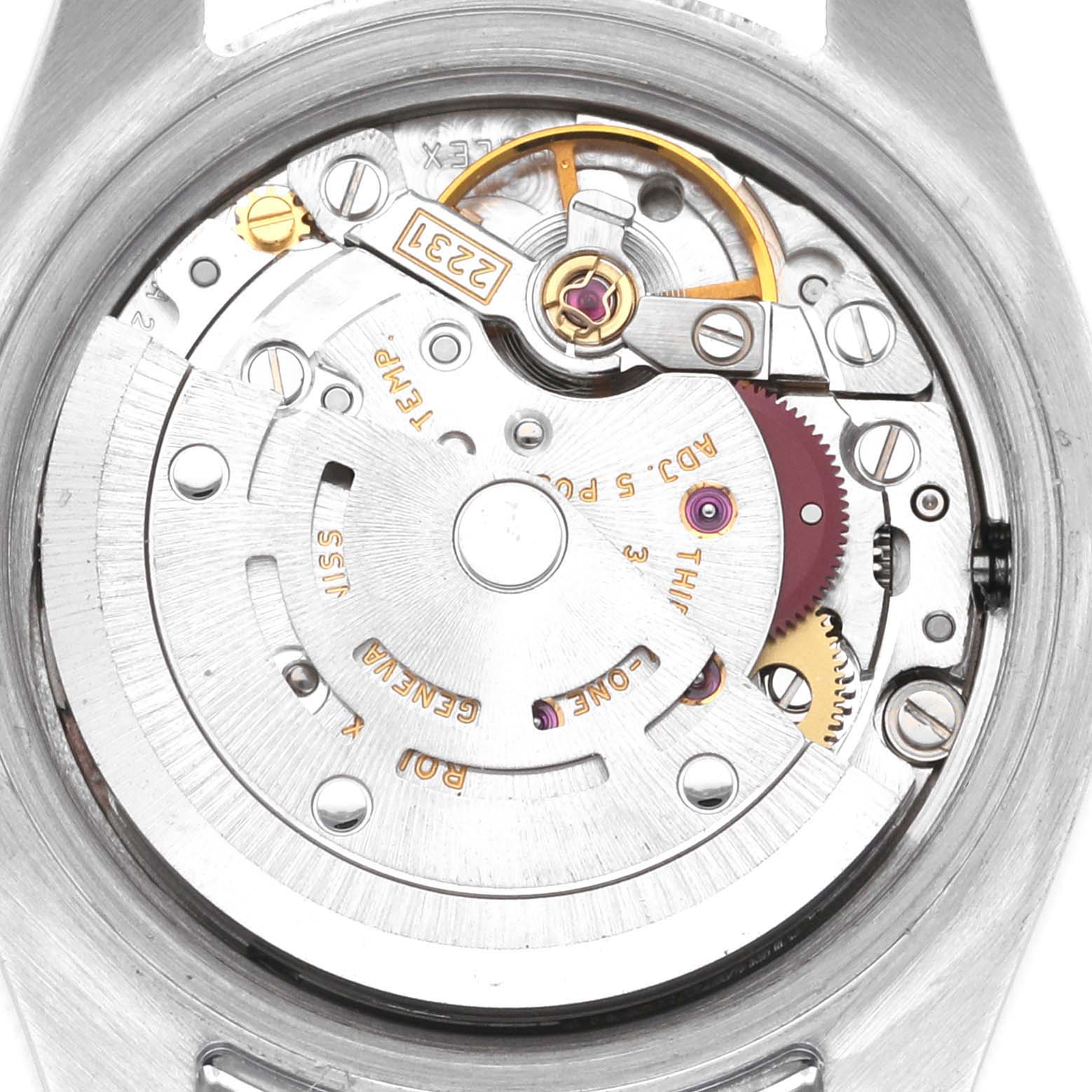 The image shows the back case of a Rolex Oyster Perpetual 176200 Women's Stainless Steel Silver Dial 176200 Women's Stainless Steel Silver Dial watch, displaying the movement and rotor mechanism.