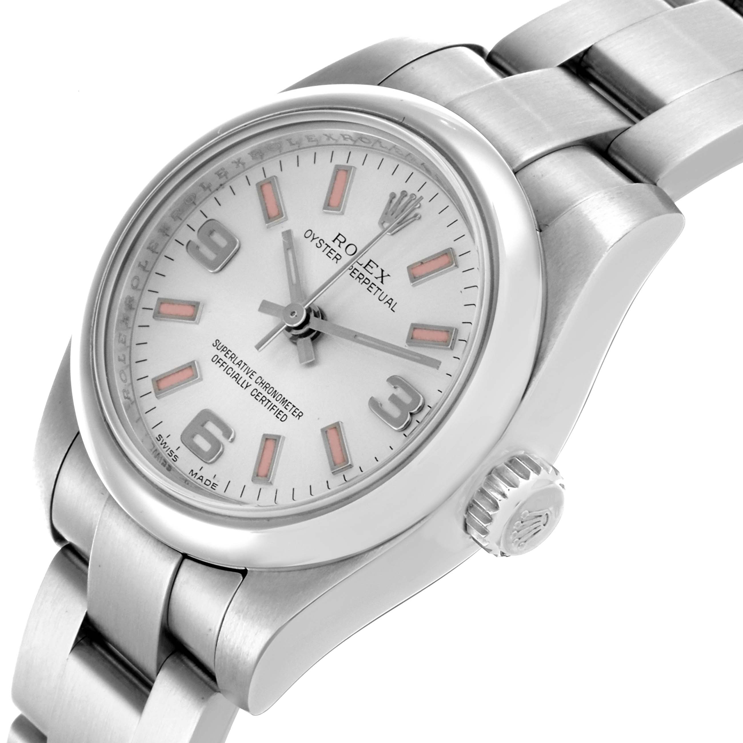 The Rolex Oyster Perpetual 176200 Women's Stainless Steel Silver Dial 176200 Women's Stainless Steel Silver Dial watch is shown from an angled side view, highlighting the dial, bezel, and bracelet.
