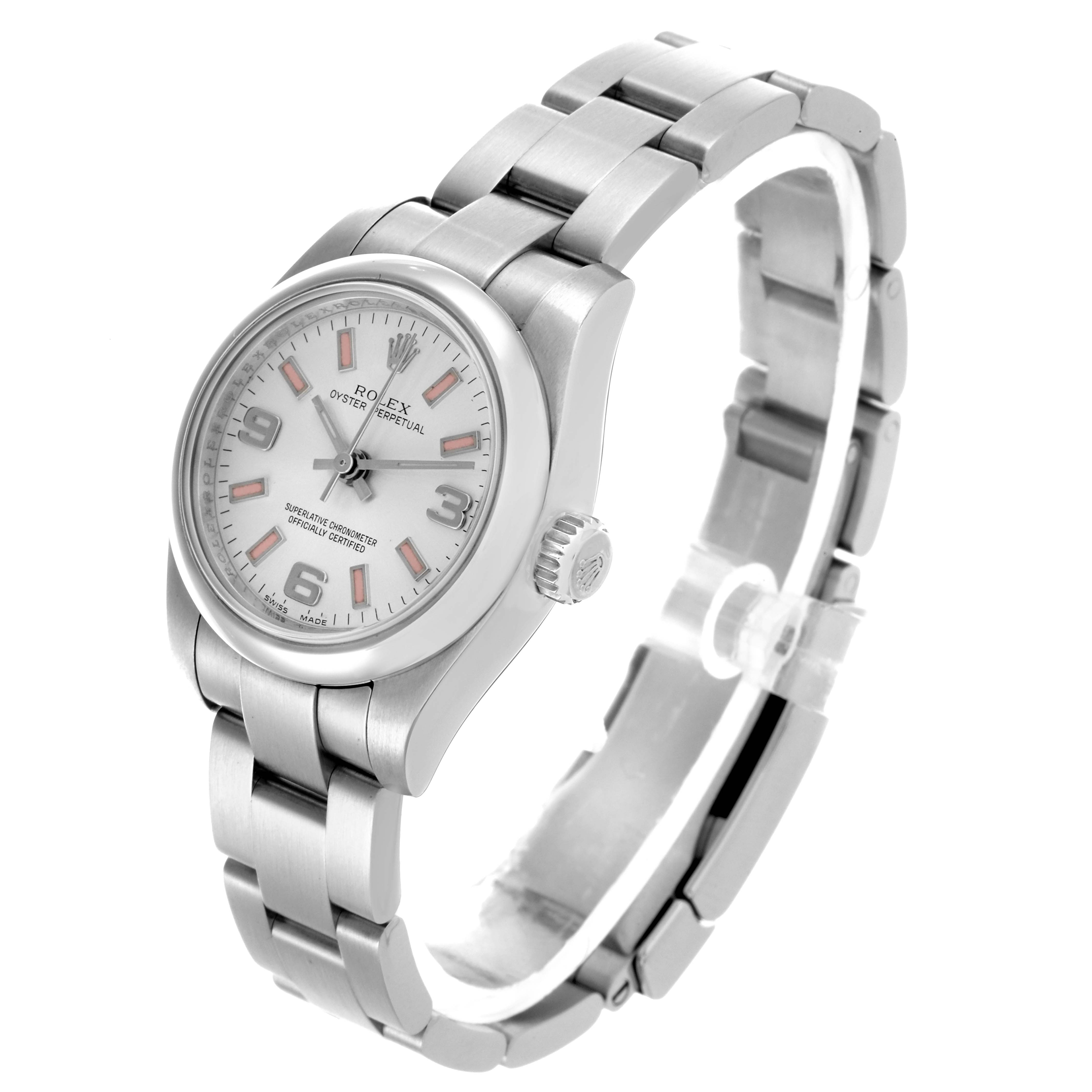 The Rolex Oyster Perpetual 176200 Women's Stainless Steel Silver Dial 176200 Women's Stainless Steel Silver Dial watch is shown at a slight angle, displaying the dial, bracelet, and crown.